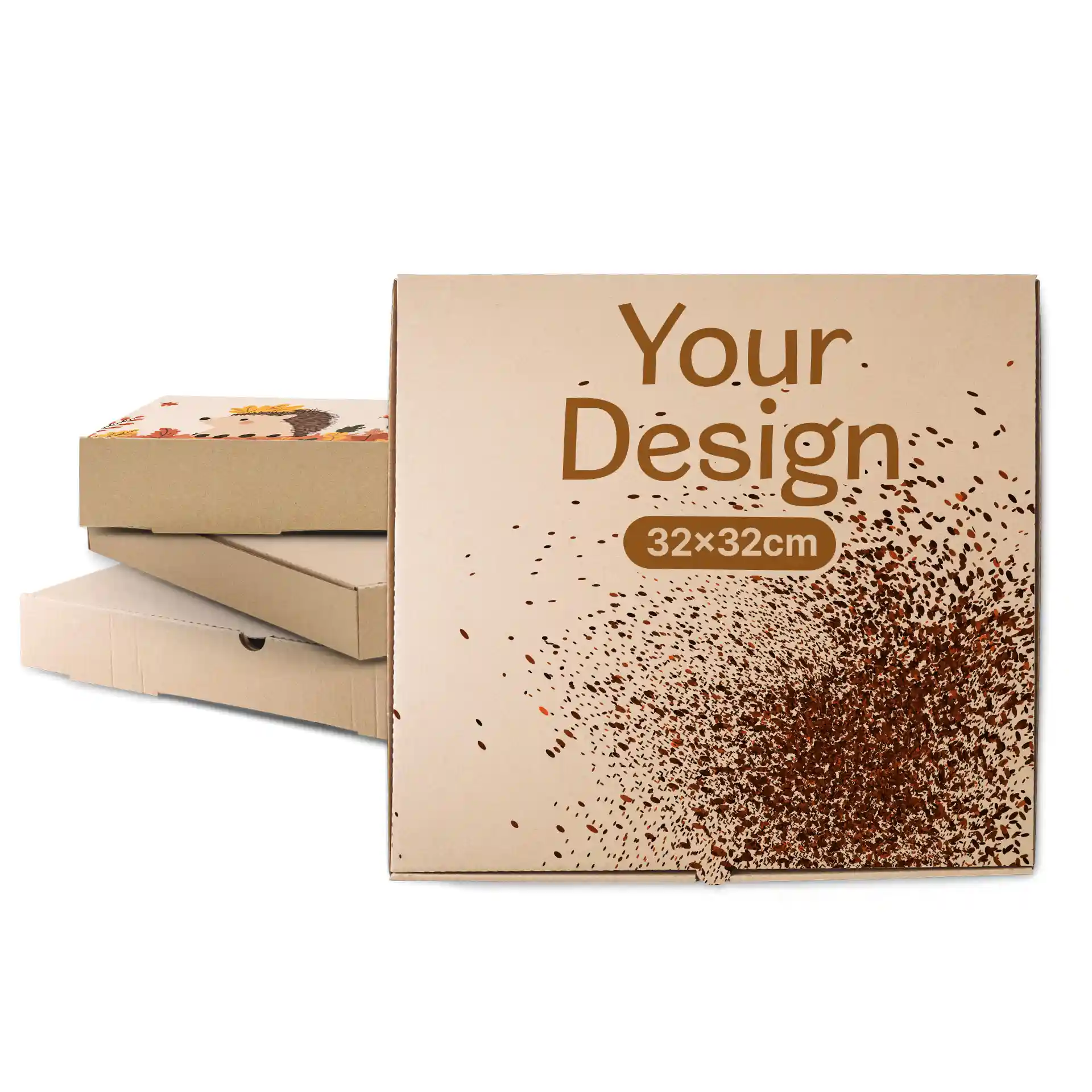 Brown pizza box with a design area, measuring 32 x 32 cm, and several similar boxes in the background.