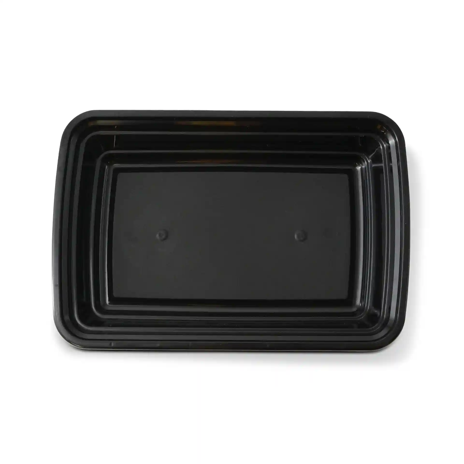 Black rectangular reusable container made of polypropylene, measuring 185 mm by 125 mm with a height of 34 mm.
