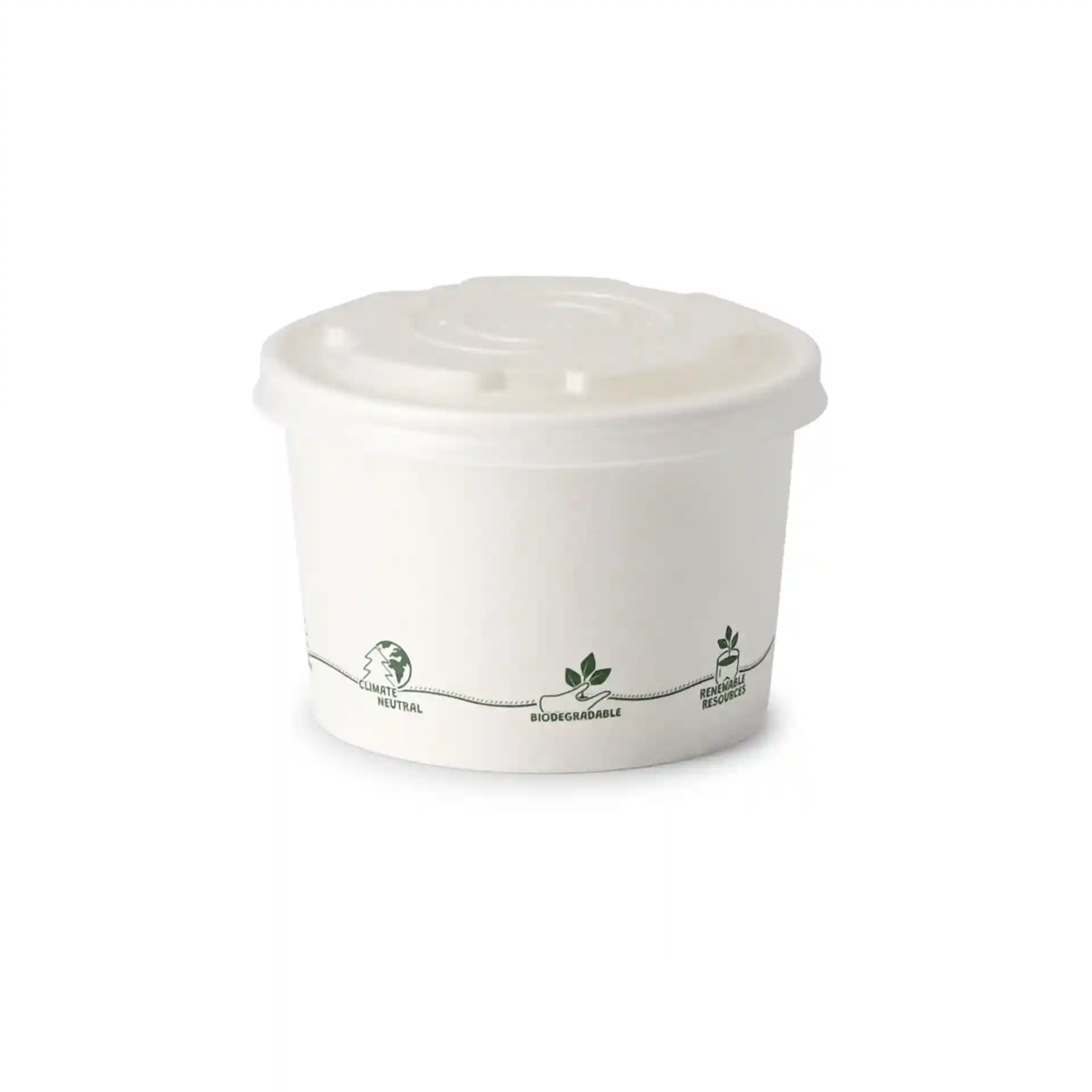 Round cardboard soup cup with a printed design, featuring a lid and eco-friendly coating, 8 oz capacity.