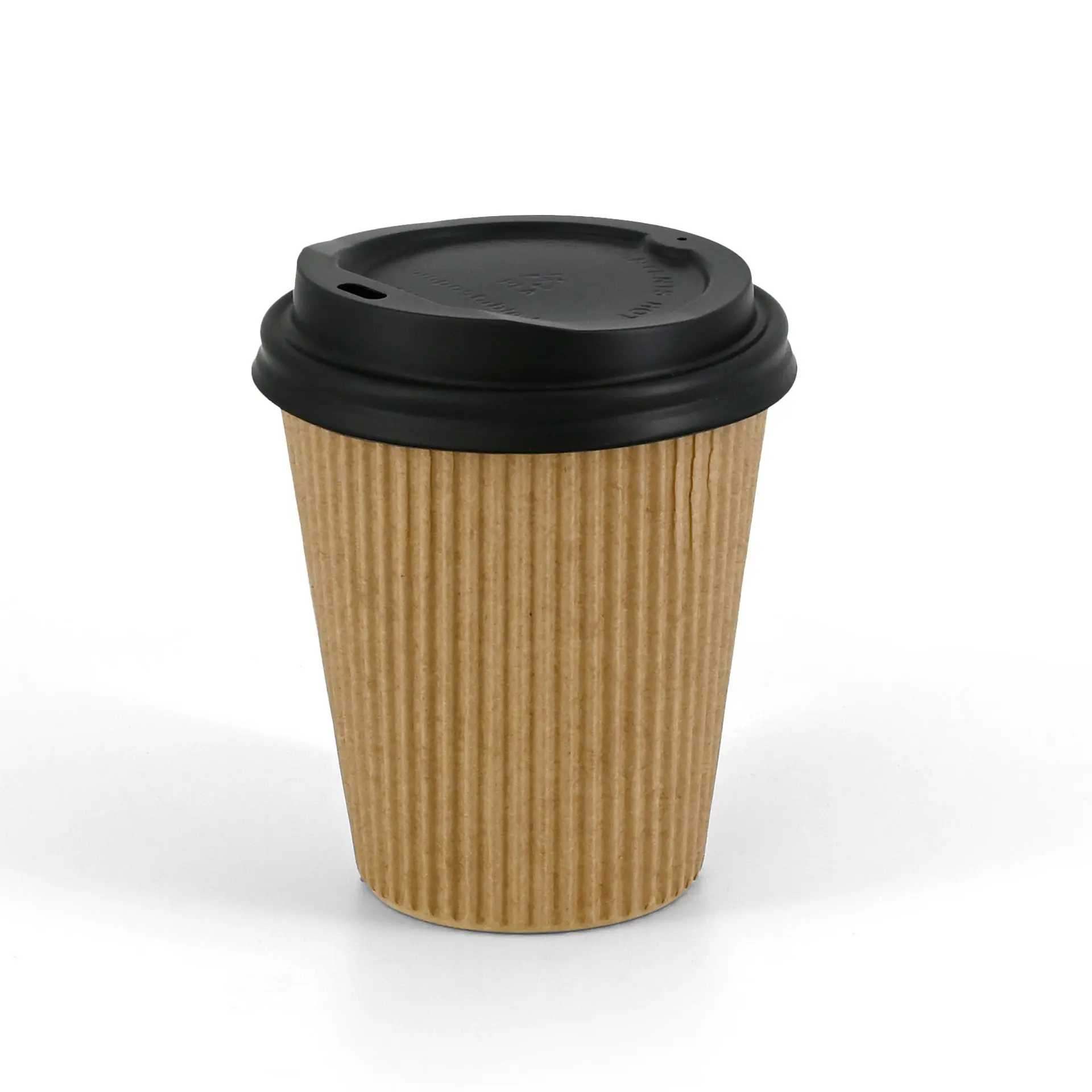 Insulated brown ripple coffee cup with a black lid, designed for hot drinks, featuring a PLA inner coating.