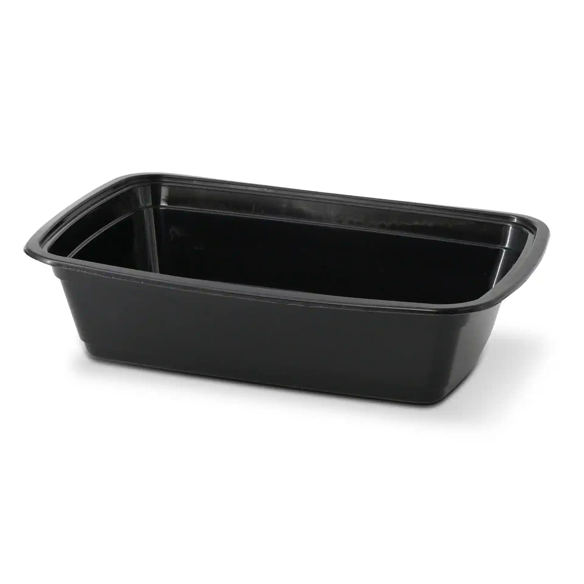 Black rectangular reusable container made of polypropylene, 1000 ml capacity, dimensions 217 mm length, 150 mm width, 52 mm height.
