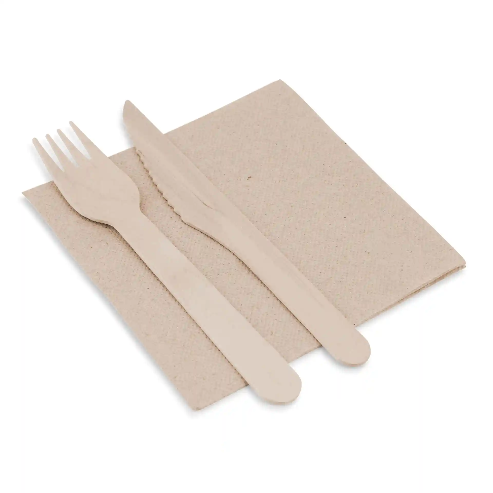 Set of wooden fork and knife on a square unbleached paper napkin, 25 x 25 cm, with a recycling symbol.