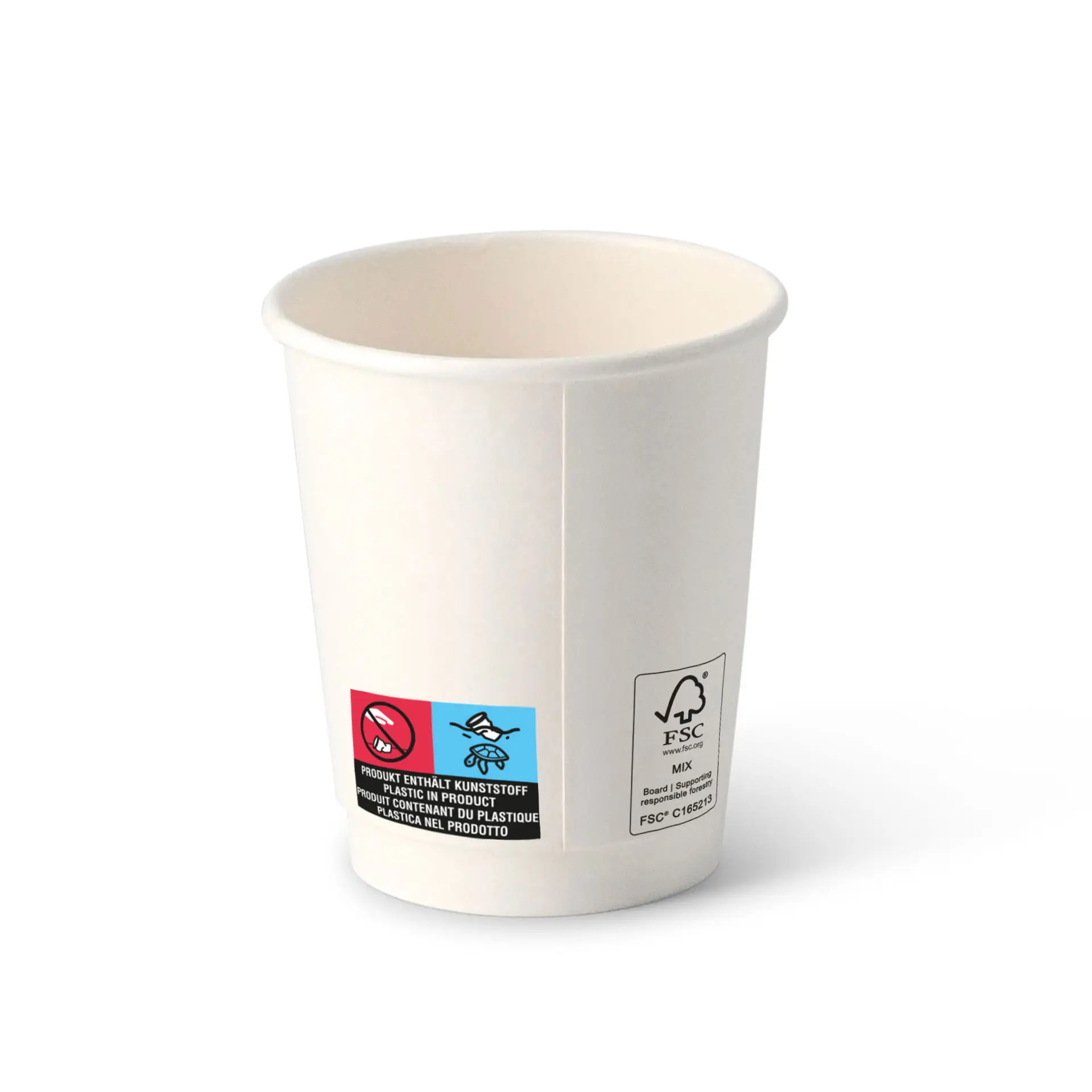 White double-walled cardboard cup with a diameter of 80 mm and various colored labels on the side.