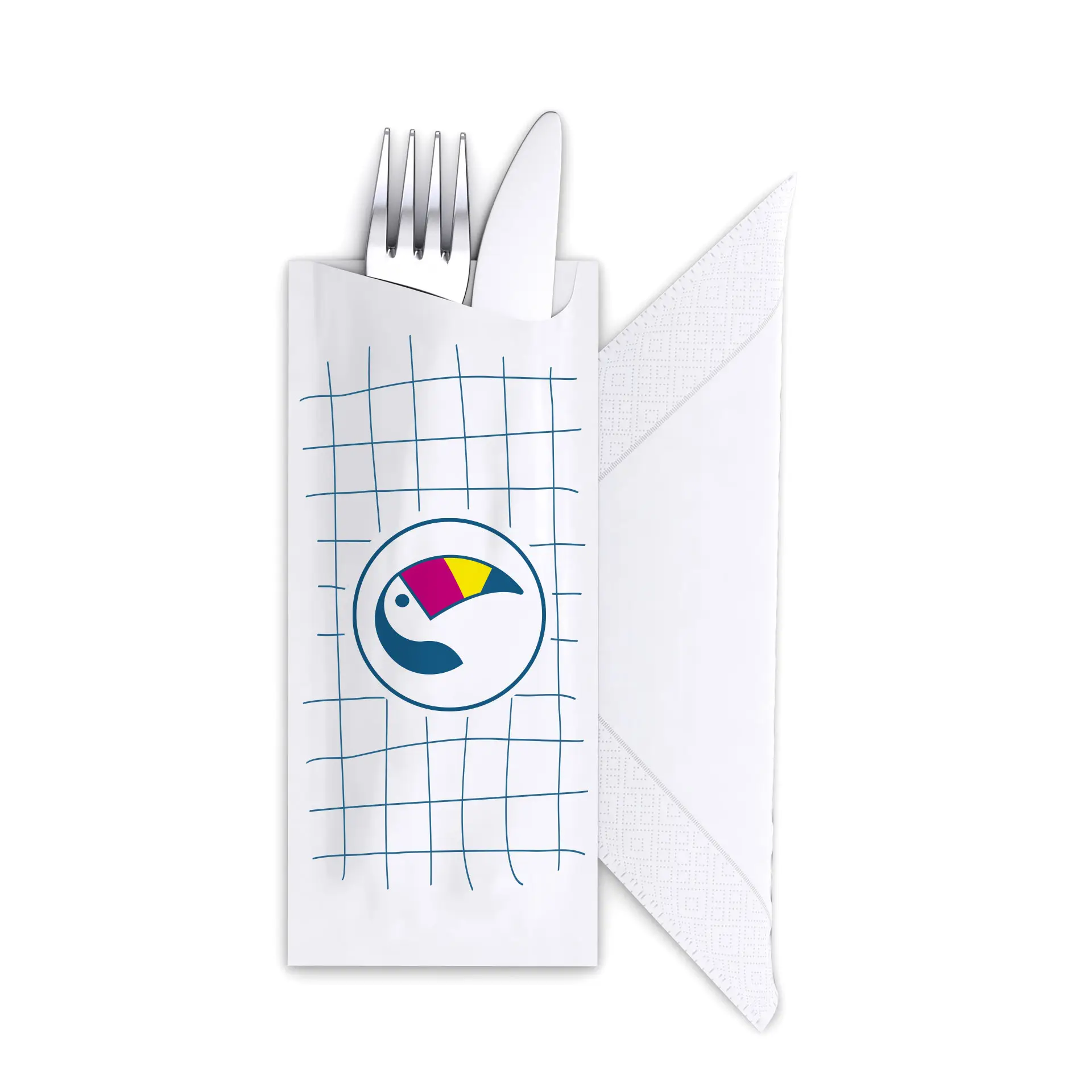 White cutlery sleeve with a napkin and a colorful toucan logo on a grid pattern background.