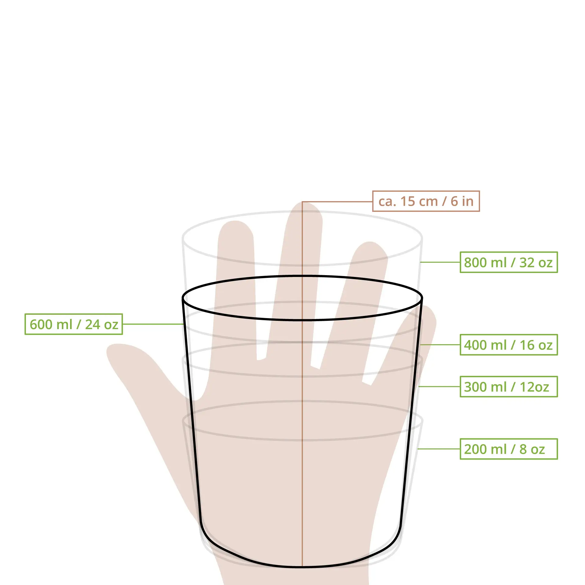 White biodegradable soup cup to-go made of cardboard, with measurement markers next to a hand for size reference.