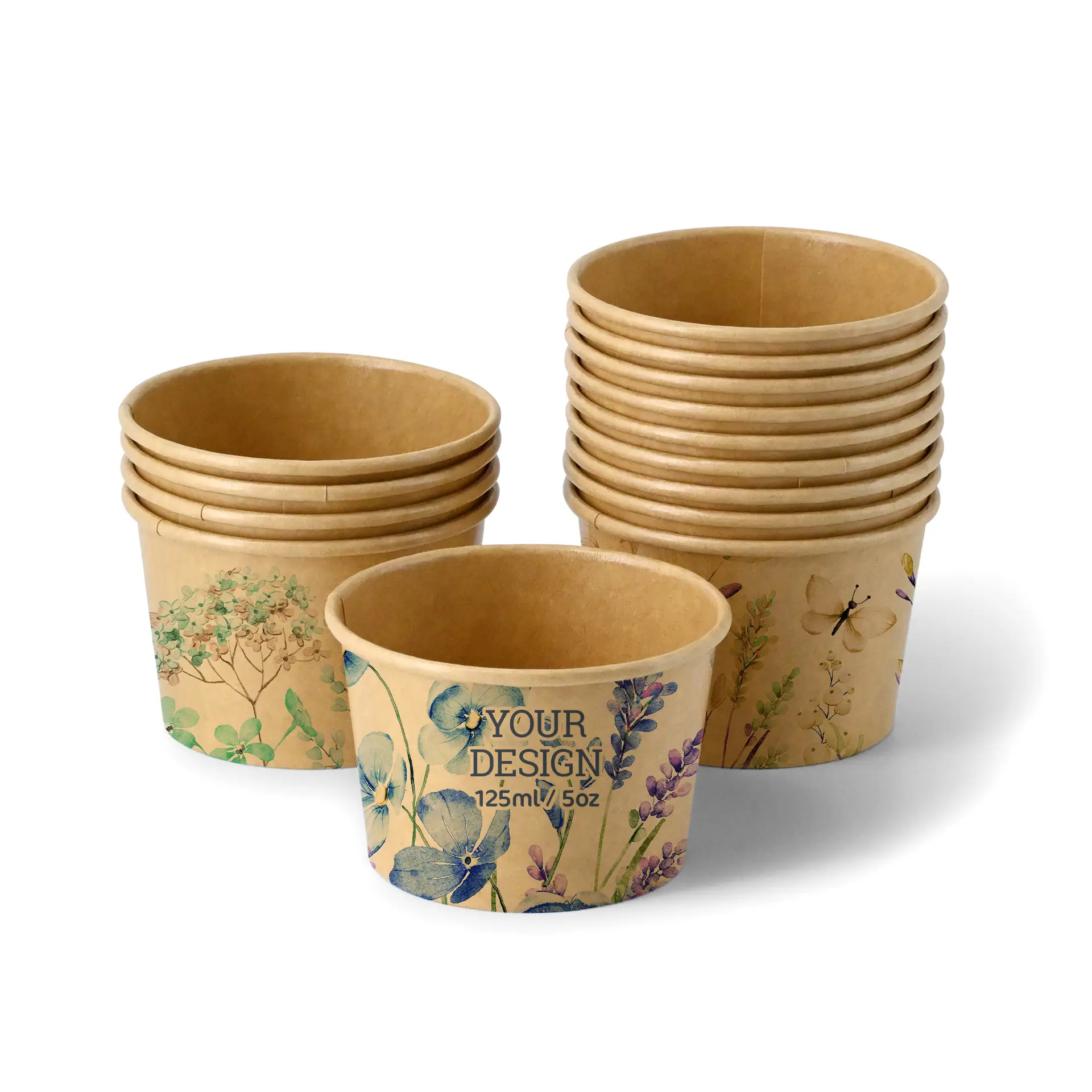 Brown custom-printed ice cream cup with a toucan logo, designed for ice cream shops and events, 125 ml capacity.