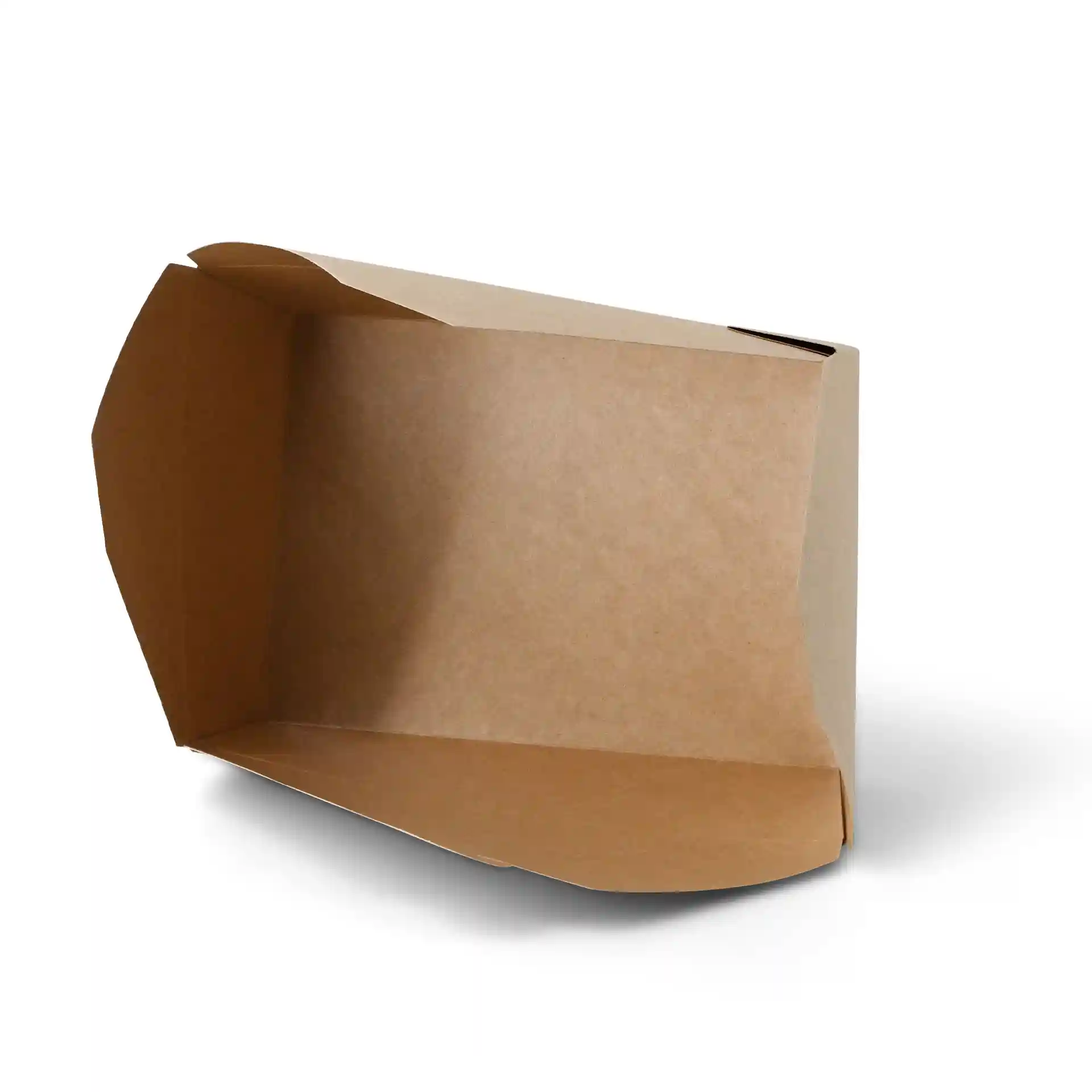 Brown rectangular takeaway container made of cardboard, shown from an angle with open top and no viewing window.