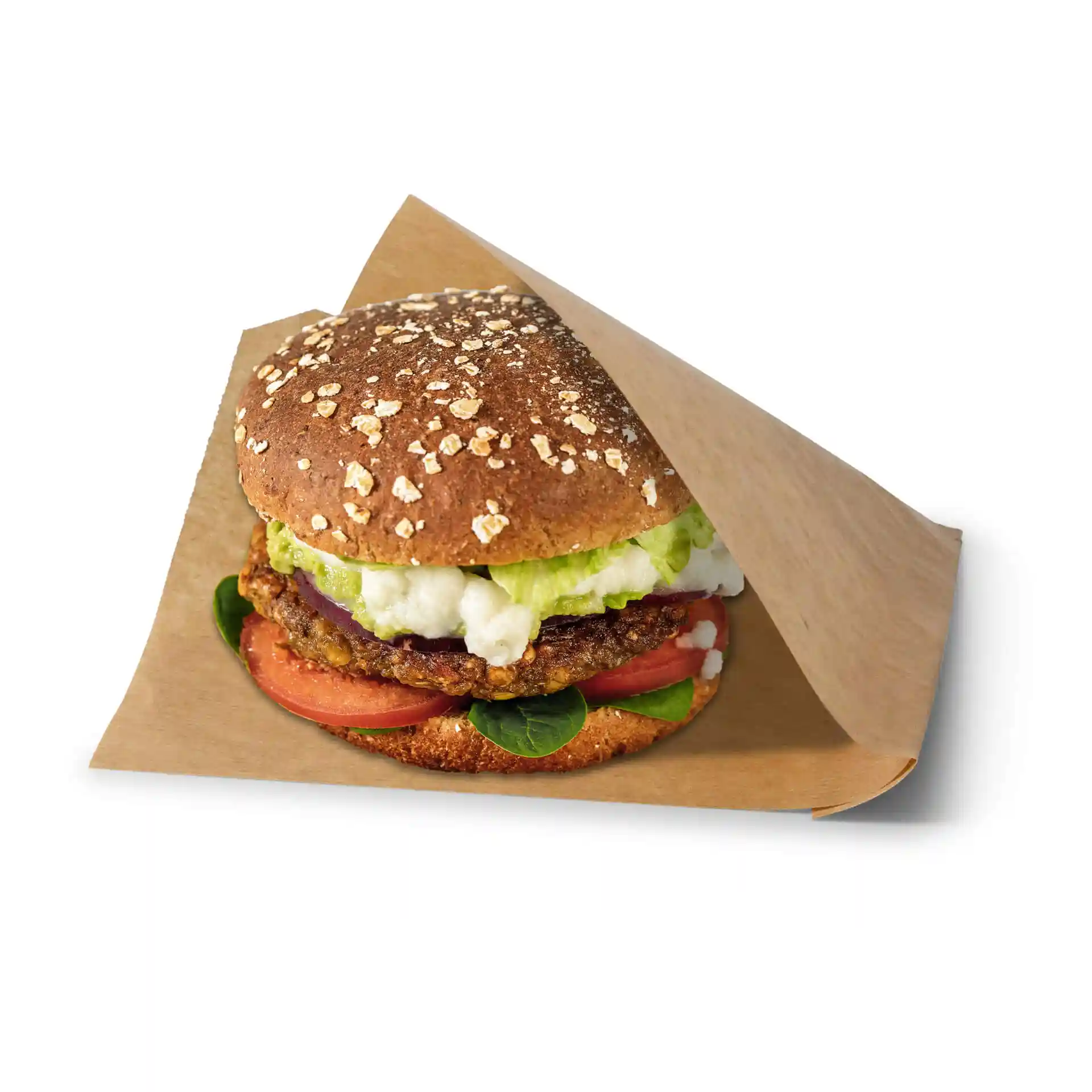 Brown paper snack bag with a hamburger, featuring oats on the bun, lettuce, tomato, and a meat patty.