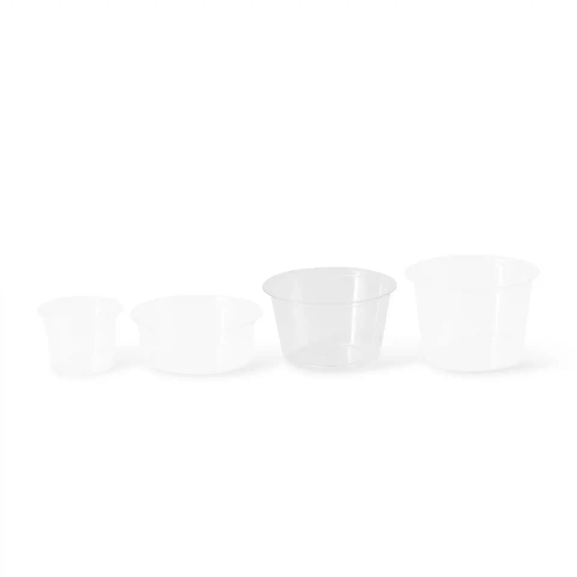 Set of four transparent PLA portion cups in varying sizes, displayed from smallest to largest.