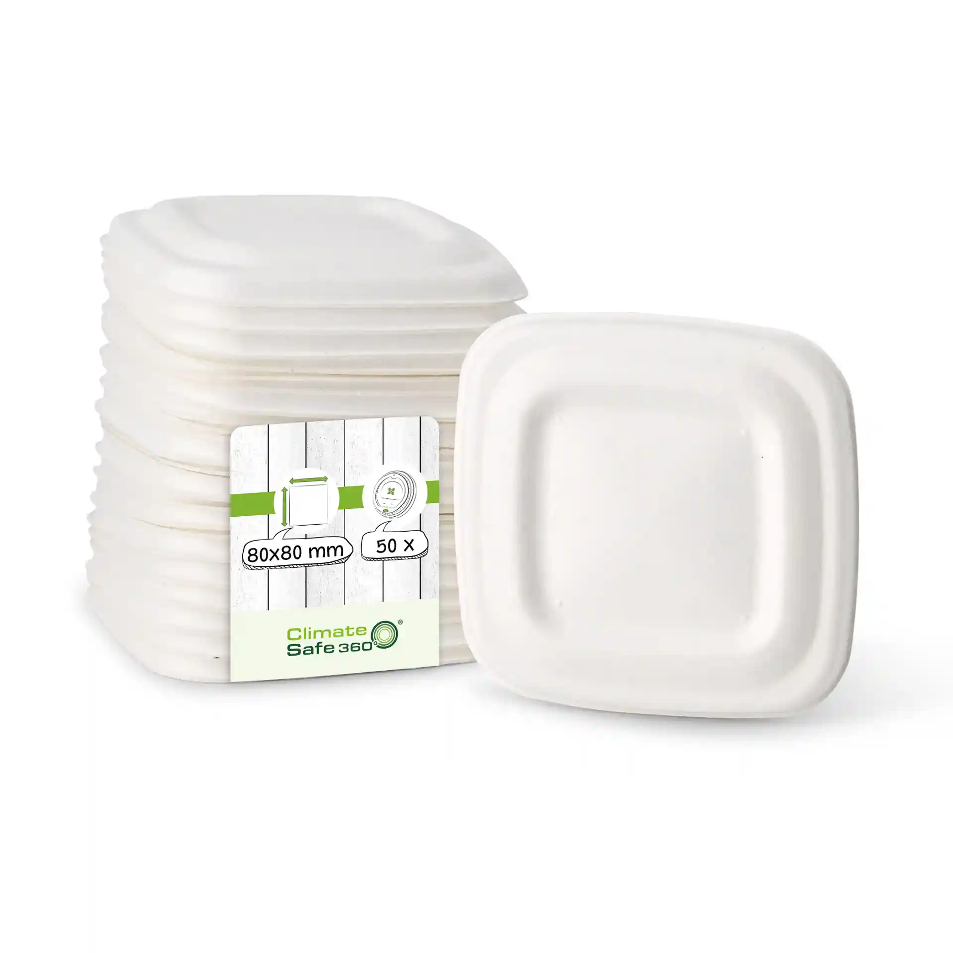 Stack of white sugarcane lids, square shape, measuring 80 x 80 mm, with a label showing product details.