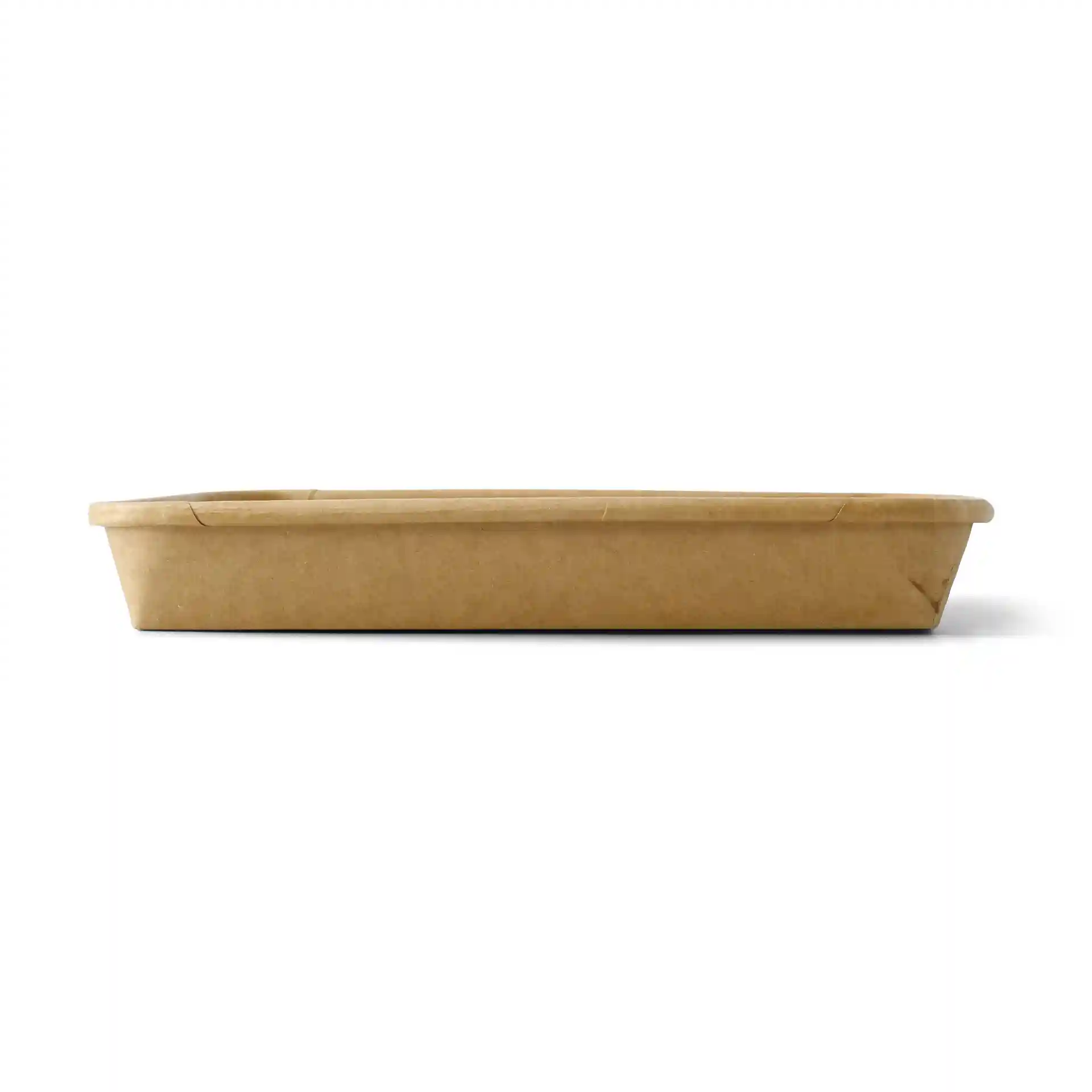 Brown sushi box with a rectangular shape, measuring 22 x 14 x 2.5 cm, shown from the side.