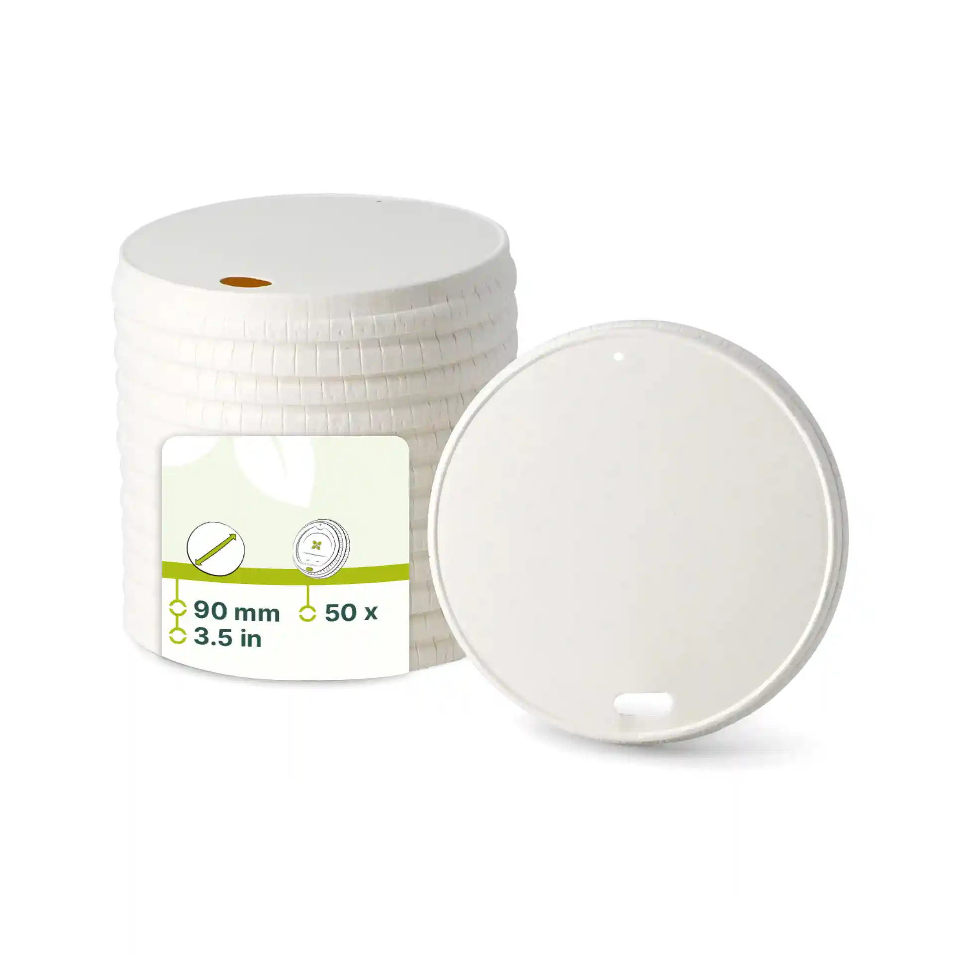 Stack of white paper lids with a diameter of 90 mm, one lid shown on the side, and a label with product details.