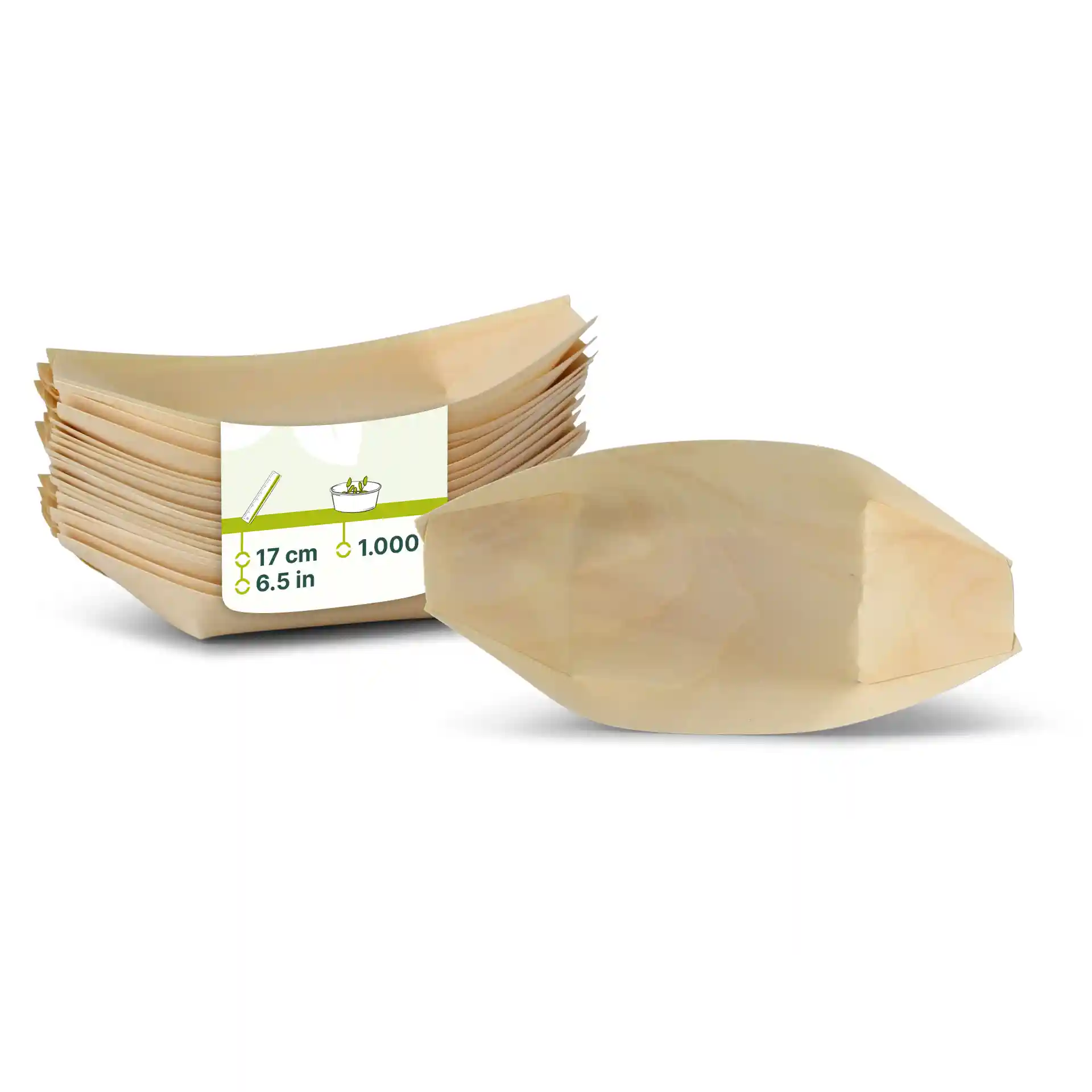 Wooden boat-shaped containers in a stack, measuring 17 cm in length, made of brown wood.