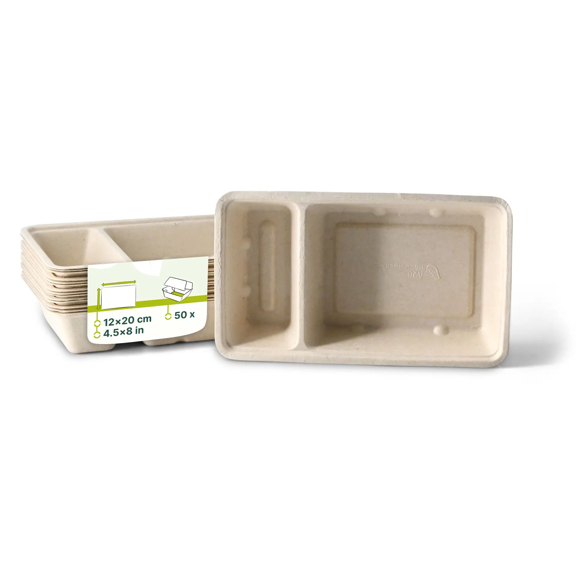 Bagasse chip tray, 2 compartments, 12 x 20 x 3.5 cm