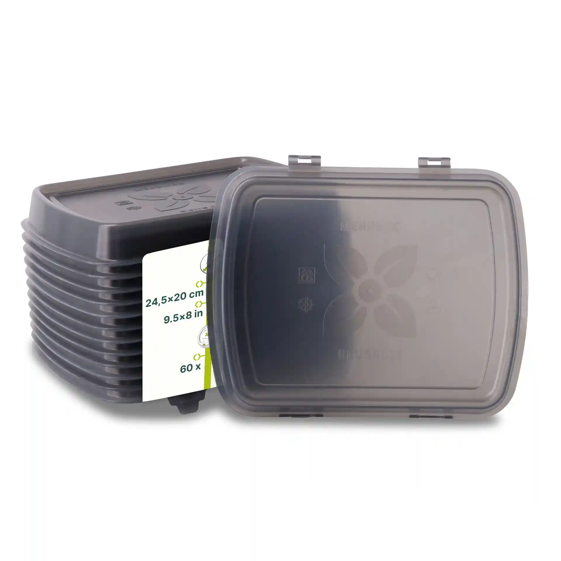 Grey rectangular reusable container with a lid, dimensions 24.5 x 20 x 4.5 cm, made of PP plastic.