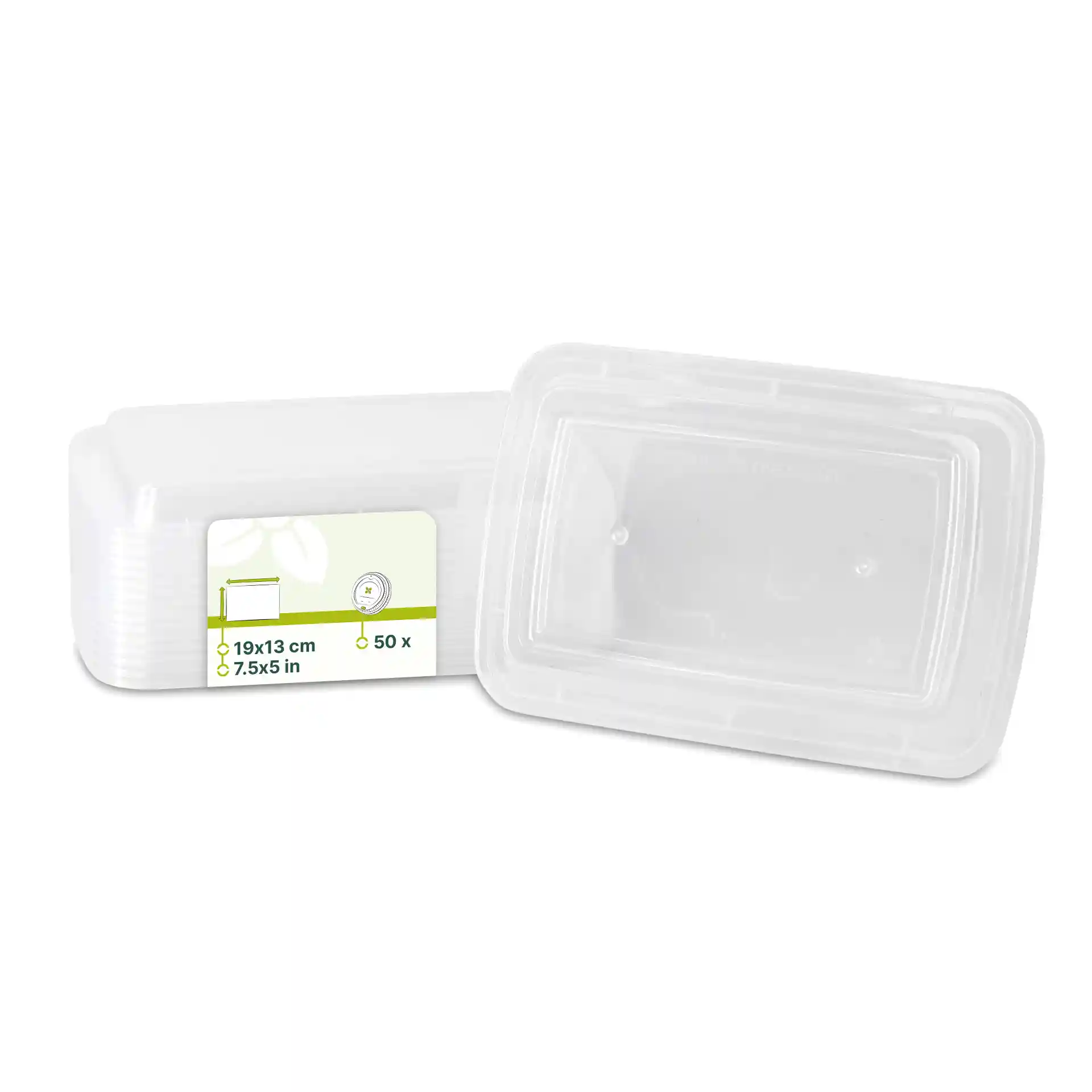 Transparent rectangular reusable lid made of PP, with dimensions 19x13 cm, shown with a label.