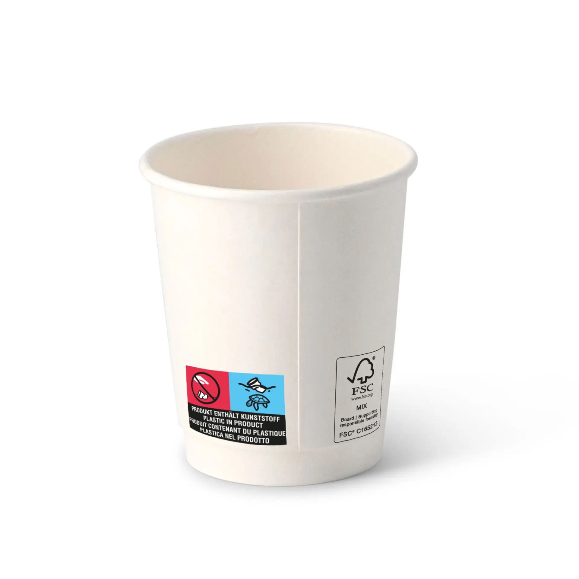 One double-walled 8 oz take away coffee cup with a brown exterior and white interior; features multiple warning symbols and recycling logos.