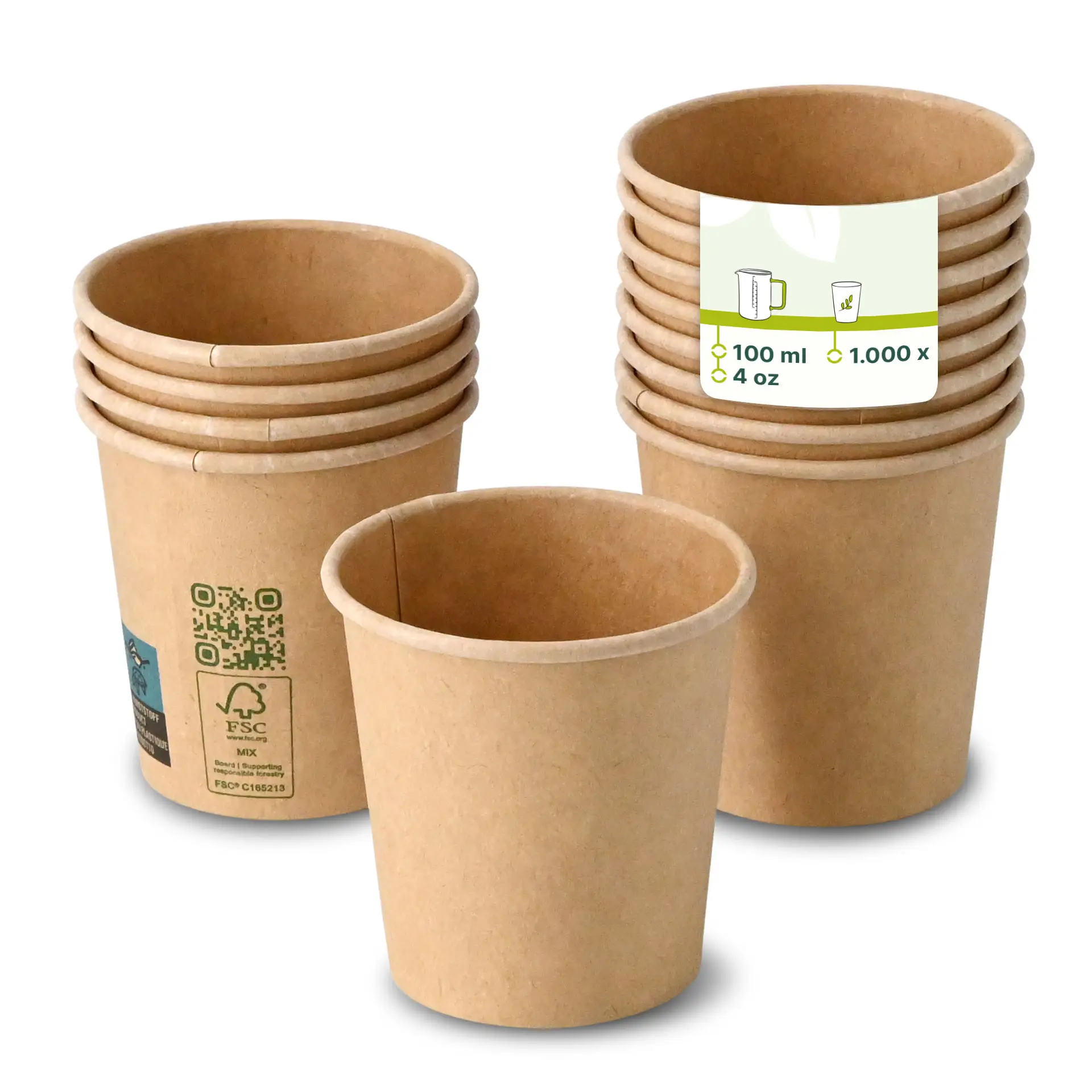 Single-wall brown paper cup, 100 ml / 4 oz, PLA-coated for hot and cold drinks; several cups stacked behind with label visible.