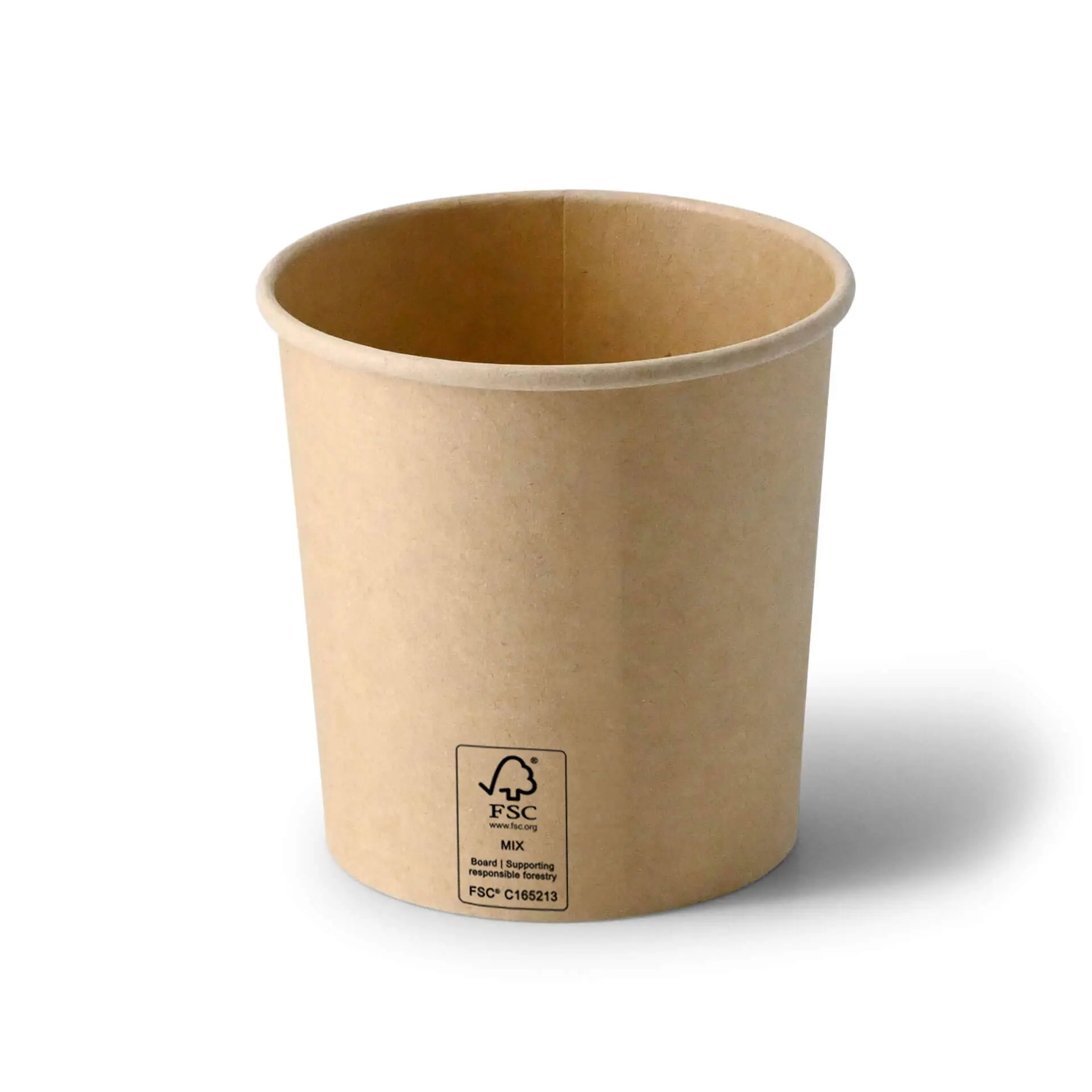 One brown 12 oz soup cup made of cardboard with a PE coating; designed for hot and cold dishes, shown from the side.
