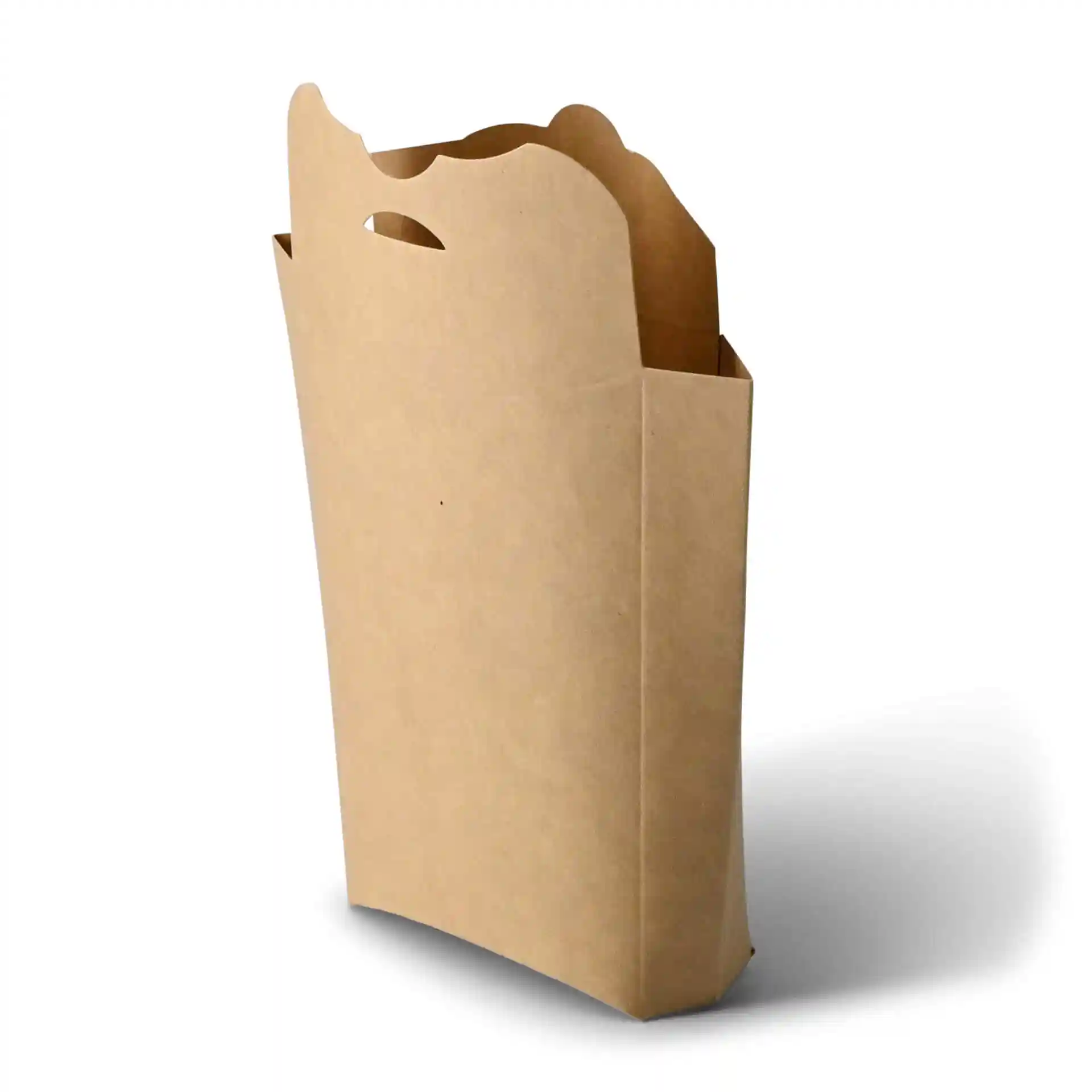 Brown cardboard chip scoop with a scalloped top, measuring 8 x 5.5 x 11 cm.