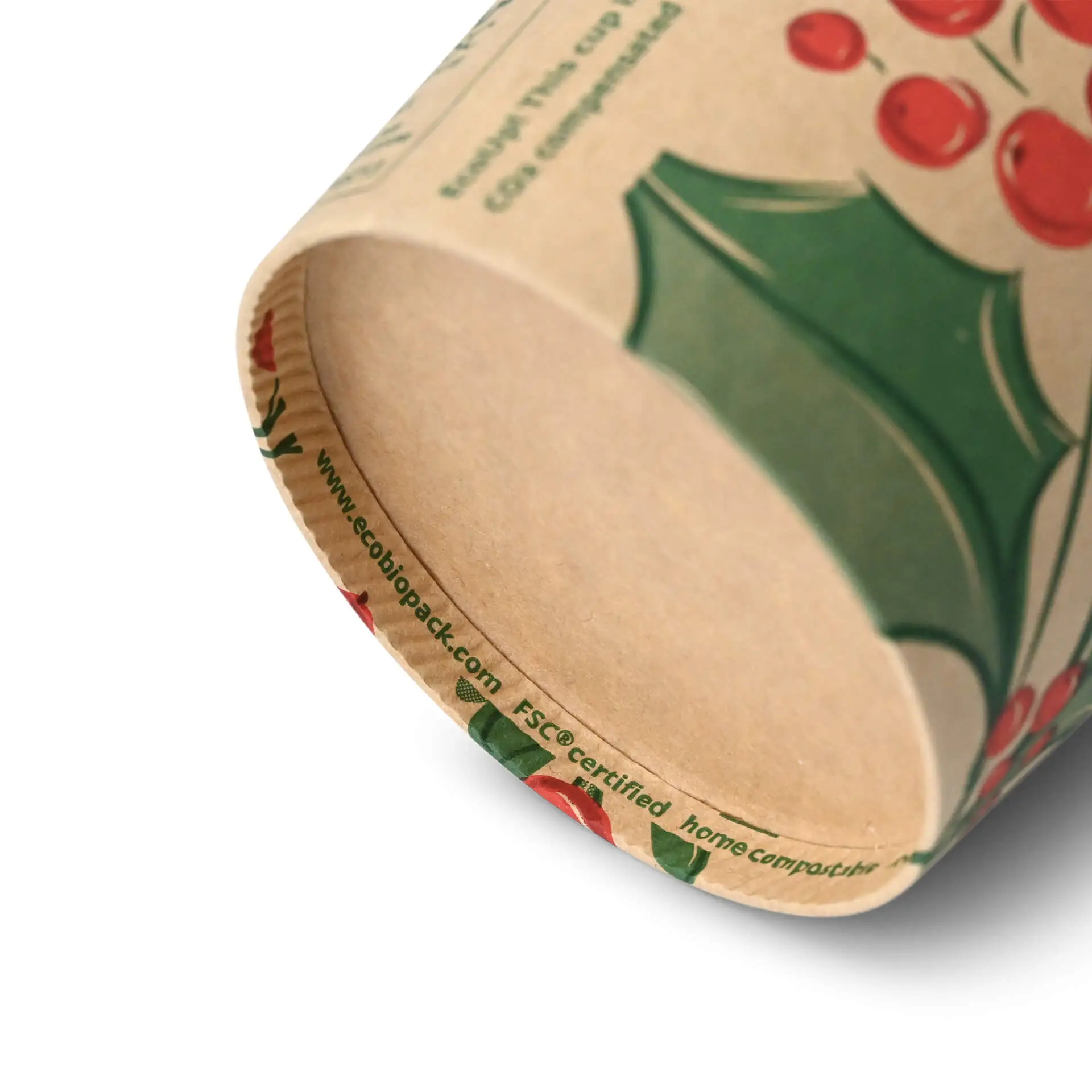 Close-up of the bottom edge of an 8 oz unbleached cardboard cup with printed winter design and visible rim details.
