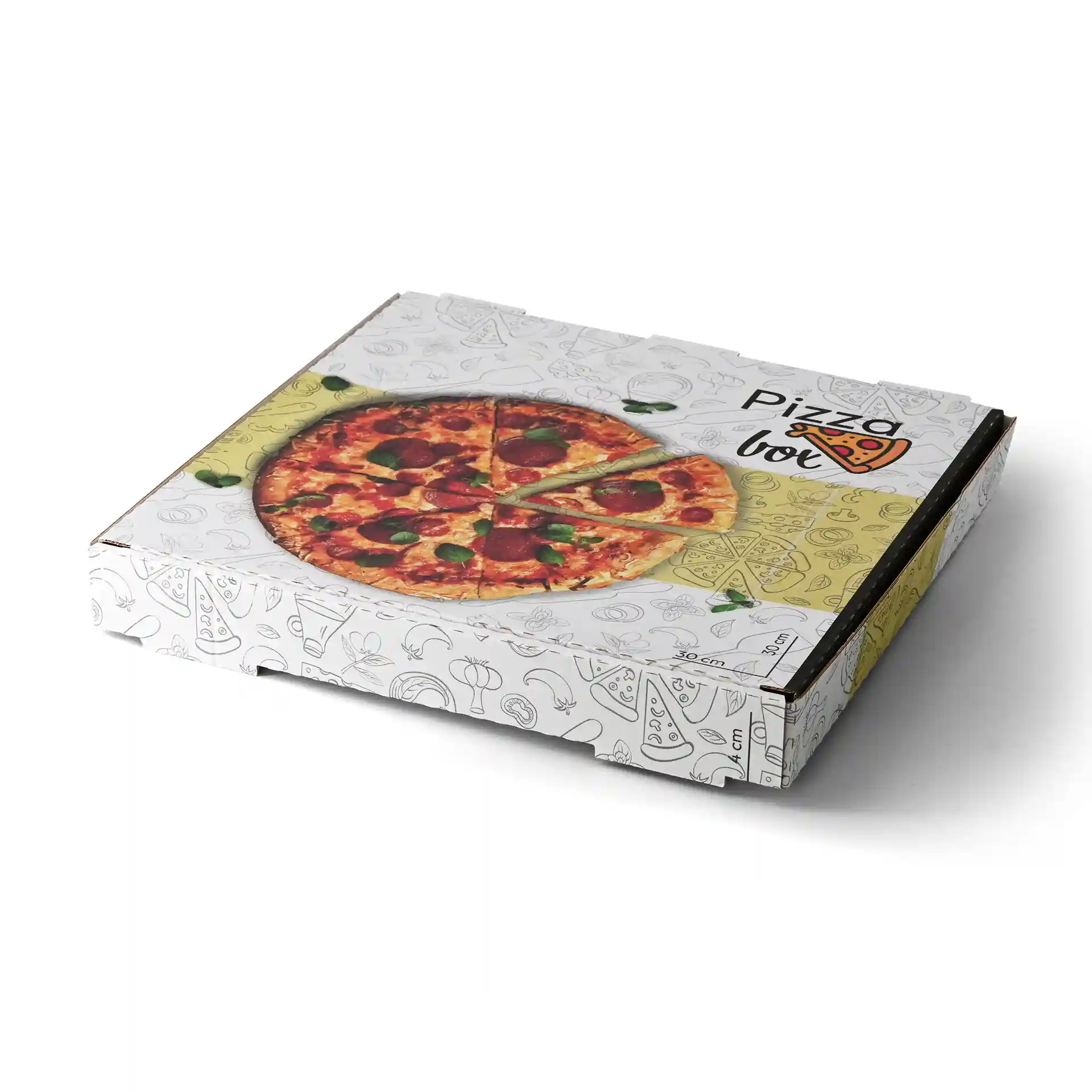 Pizza box with a printed design, dimensions 30 x 30 x 4 cm, featuring a pizza graphic on the lid.