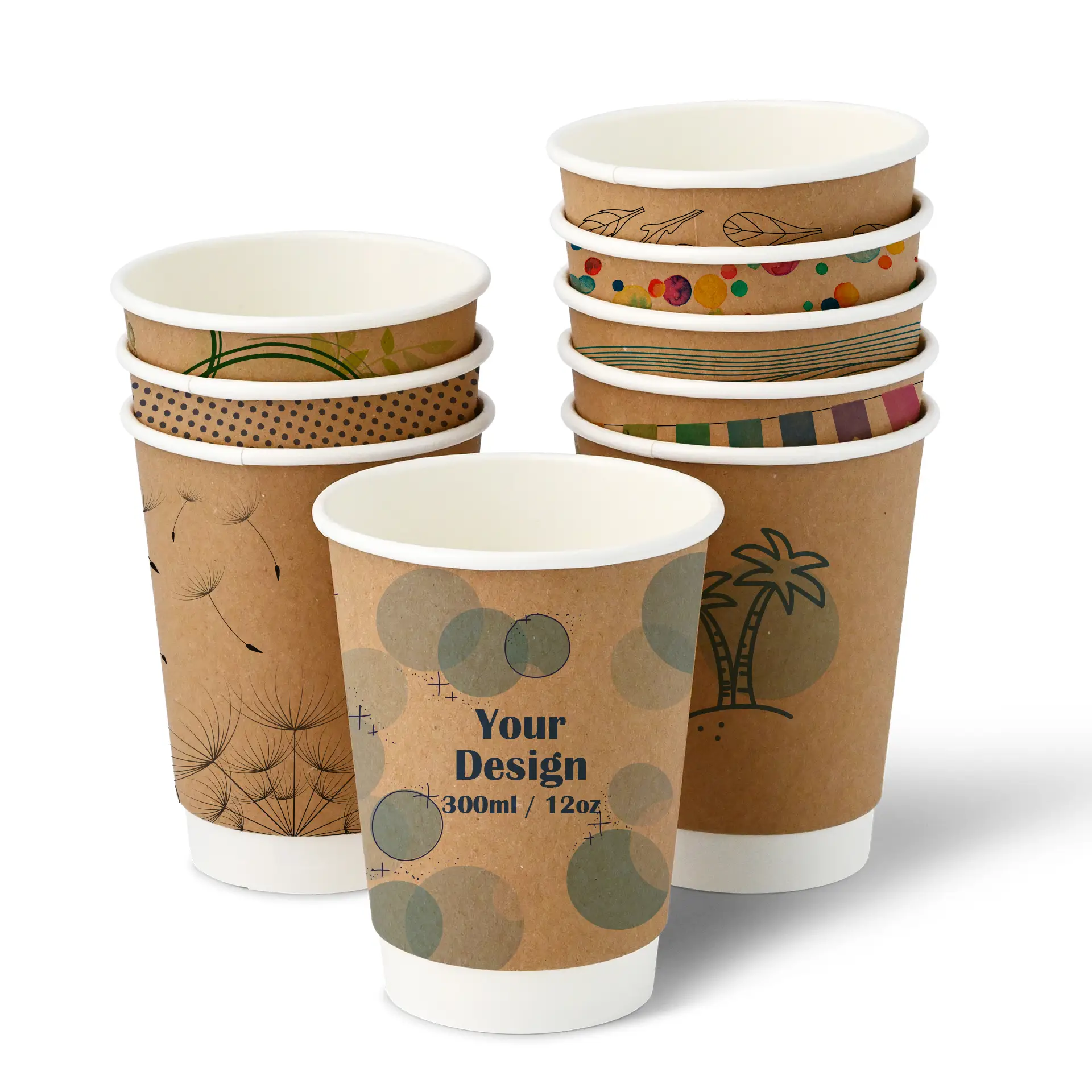 Custom Printed Paper Cups (Double-Walled) 300 ml / 12 oz, double-walled, brown / white, matt, PLA coating