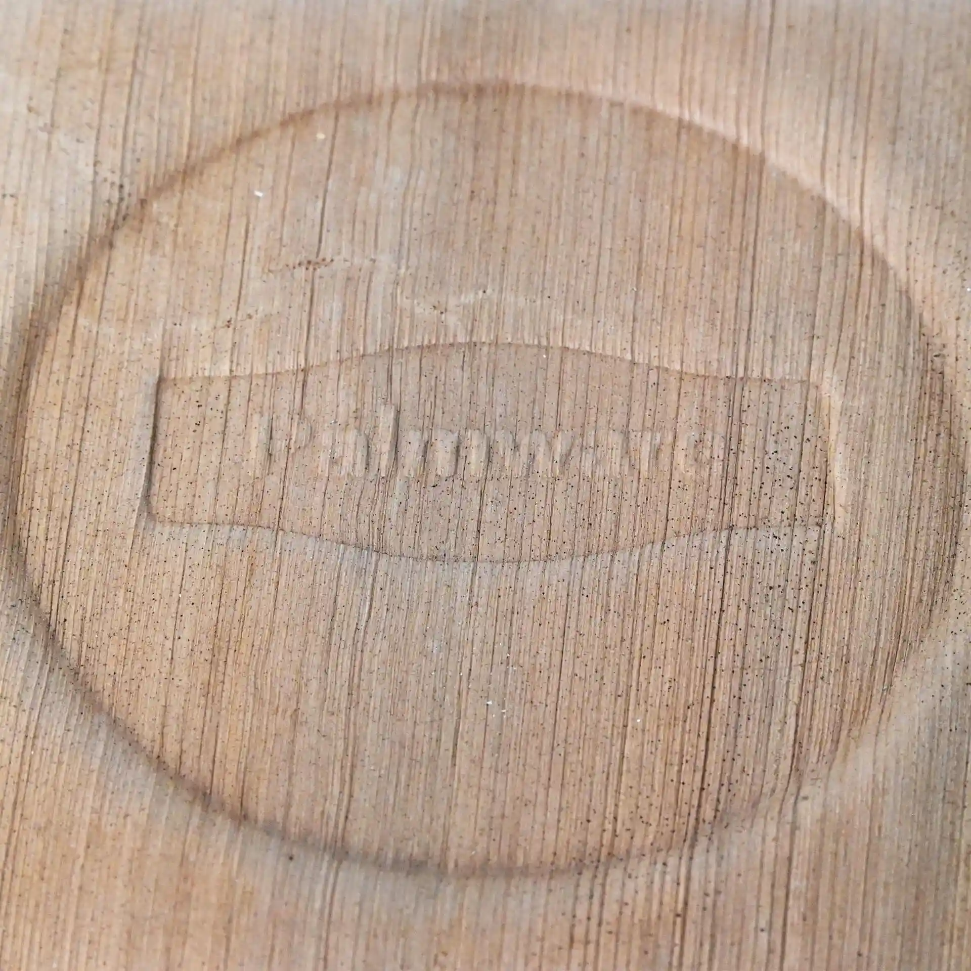 Close-up of a light wood surface with an embossed circular design featuring the text "Palmware®".