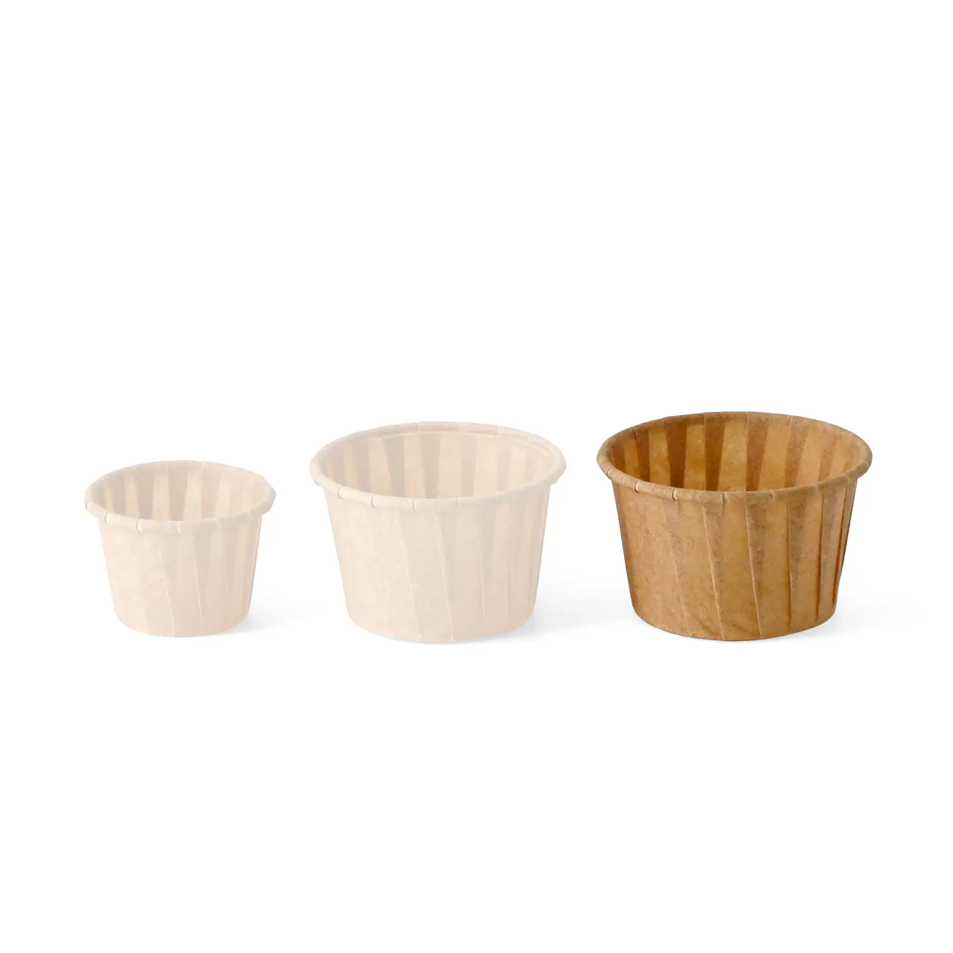 Three small brown paper cups, varying in size for serving portions of dips, sauces, and snacks.