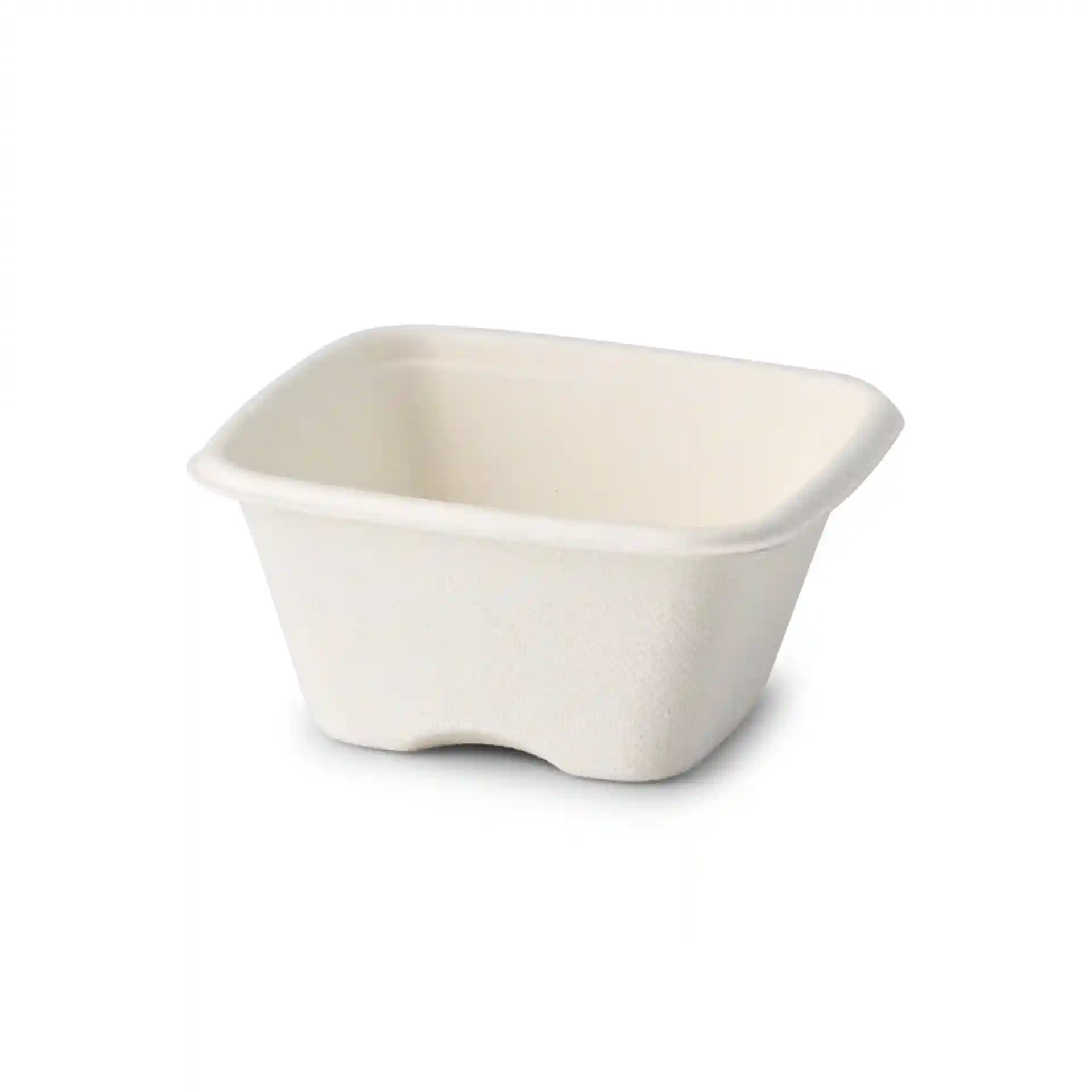 White square bagasse portion cup, 100 ml, measuring 81 x 81 x 37 mm, with a textured surface.