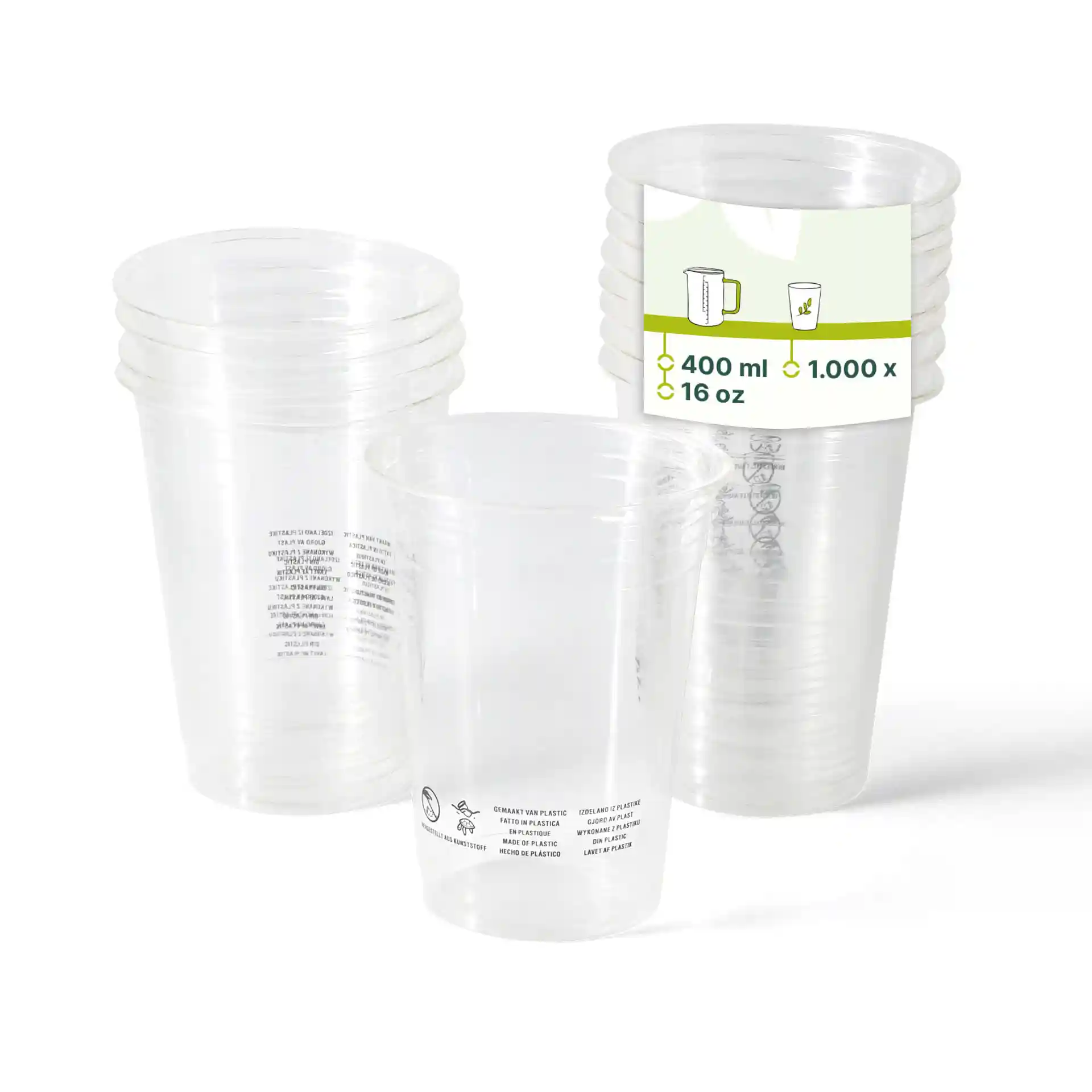 Clear PLA plastic cups stacked, with a label showing capacity of 400 ml and 16 oz, featuring printed markings on the surface.