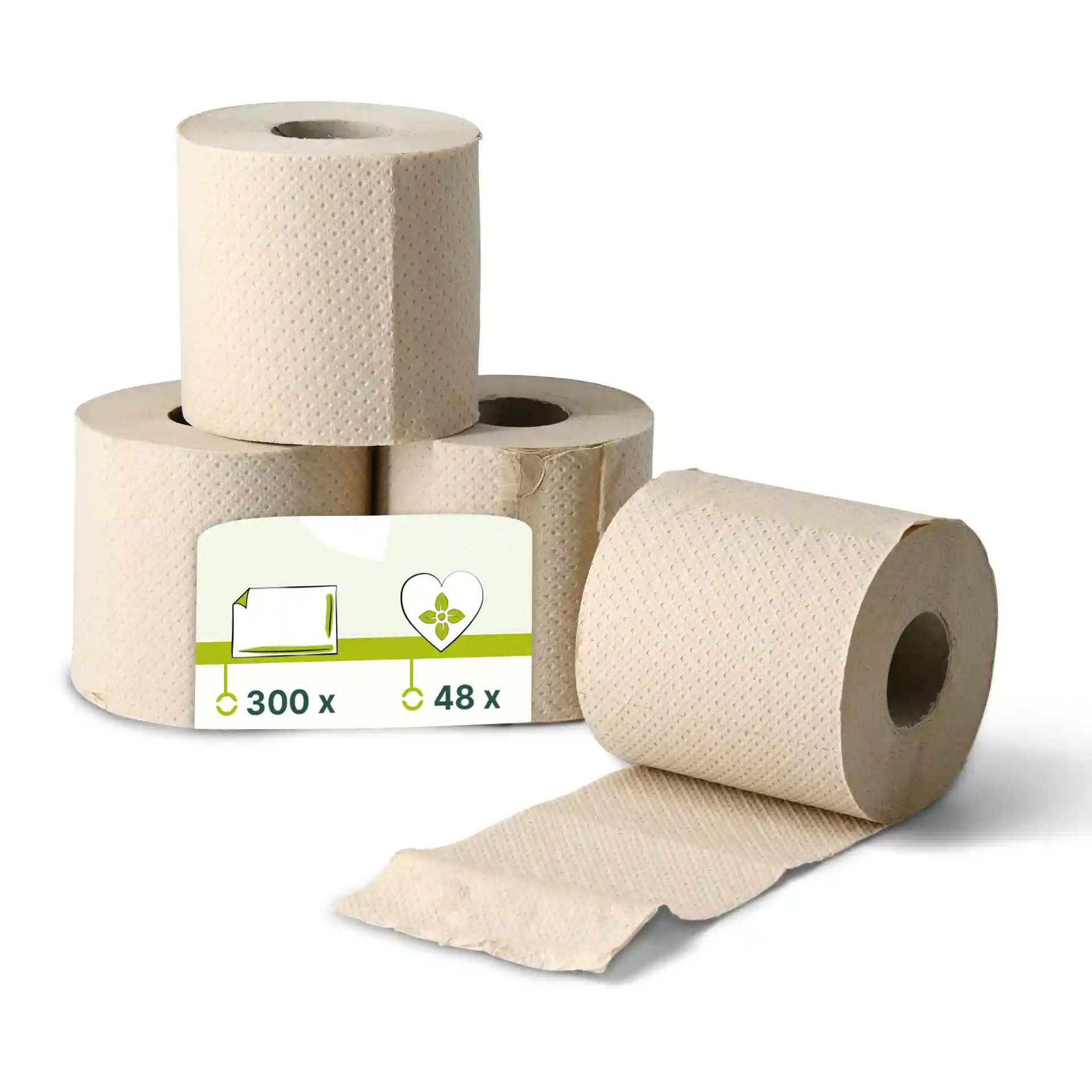 Brown 2-ply toilet paper rolls made from recycled paper, with 300 sheets per roll, displayed with a label.