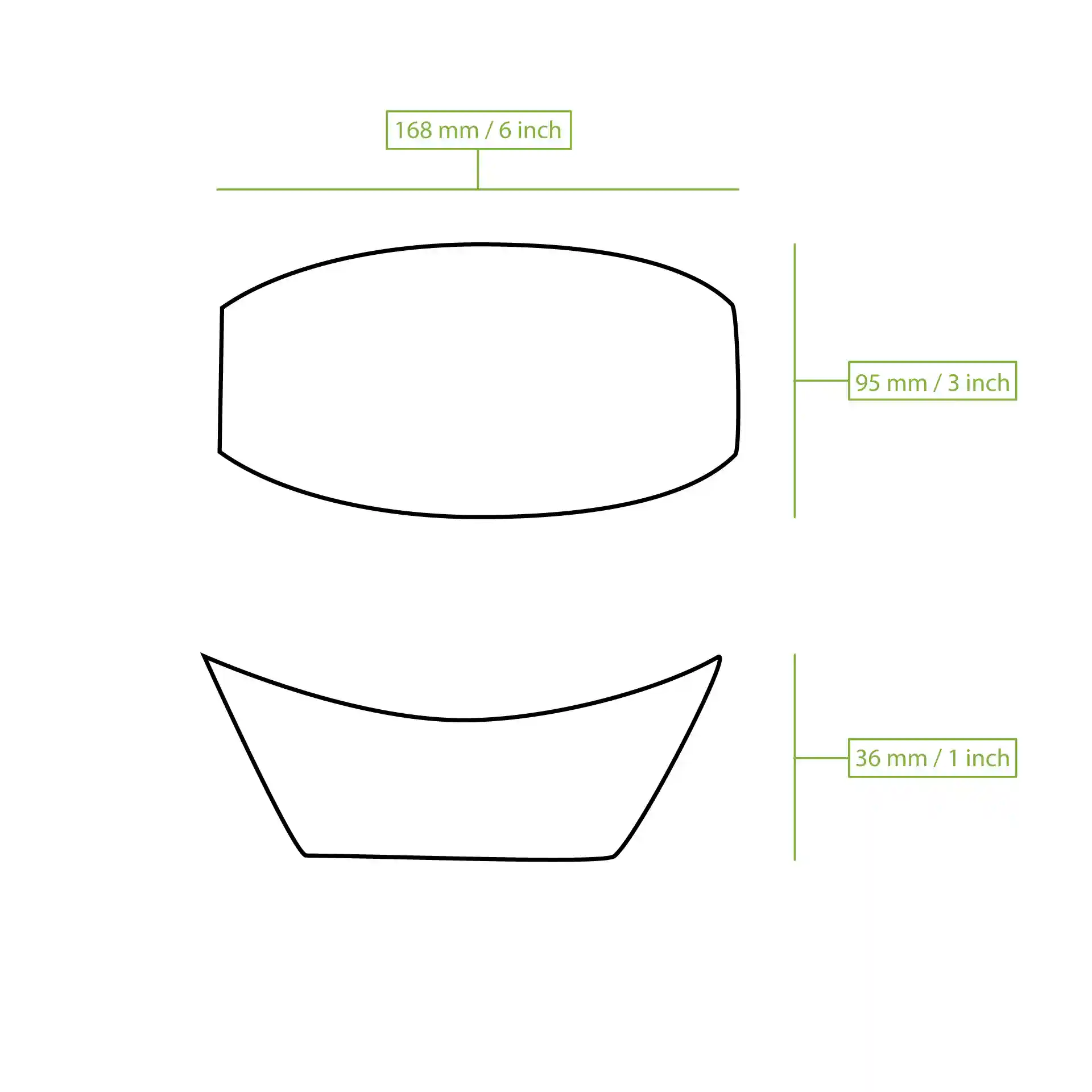 Schematic drawing of a boat-shaped container with dimensions labeled: 170 mm length, 95 mm width, and 36 mm height.