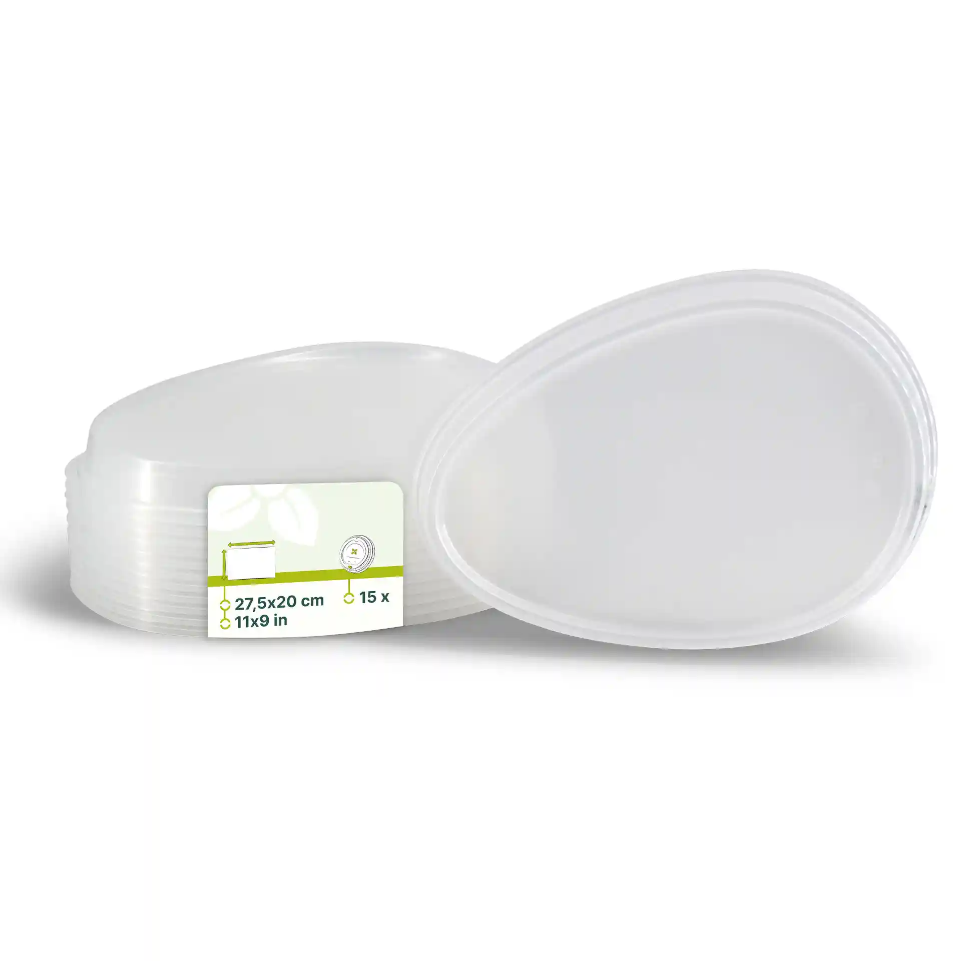 Transparent reusable lids in a stack, with a label showing dimensions and quantity.