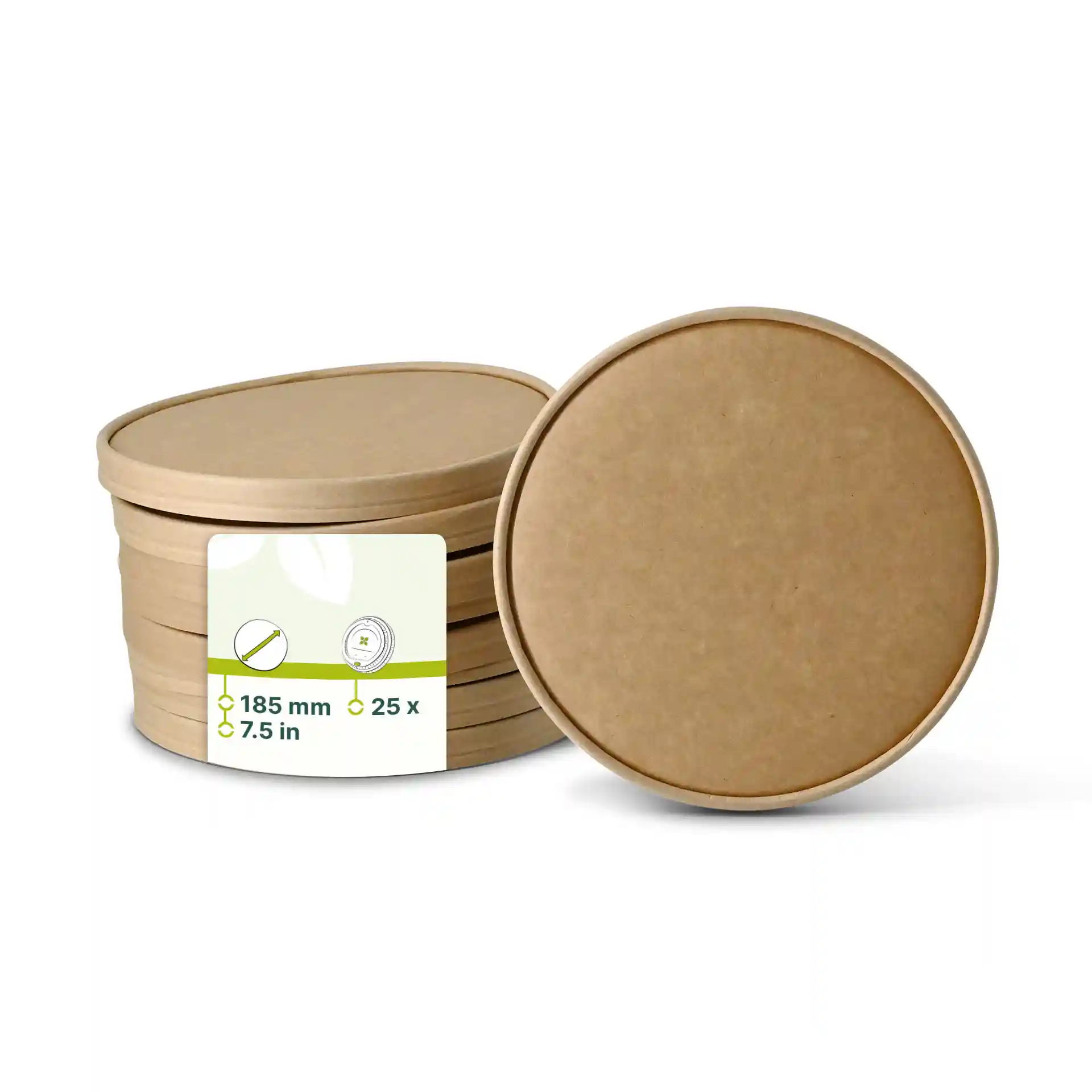 Round brown cardboard lids with a diameter of 185 mm, stacked with a label showing product details.