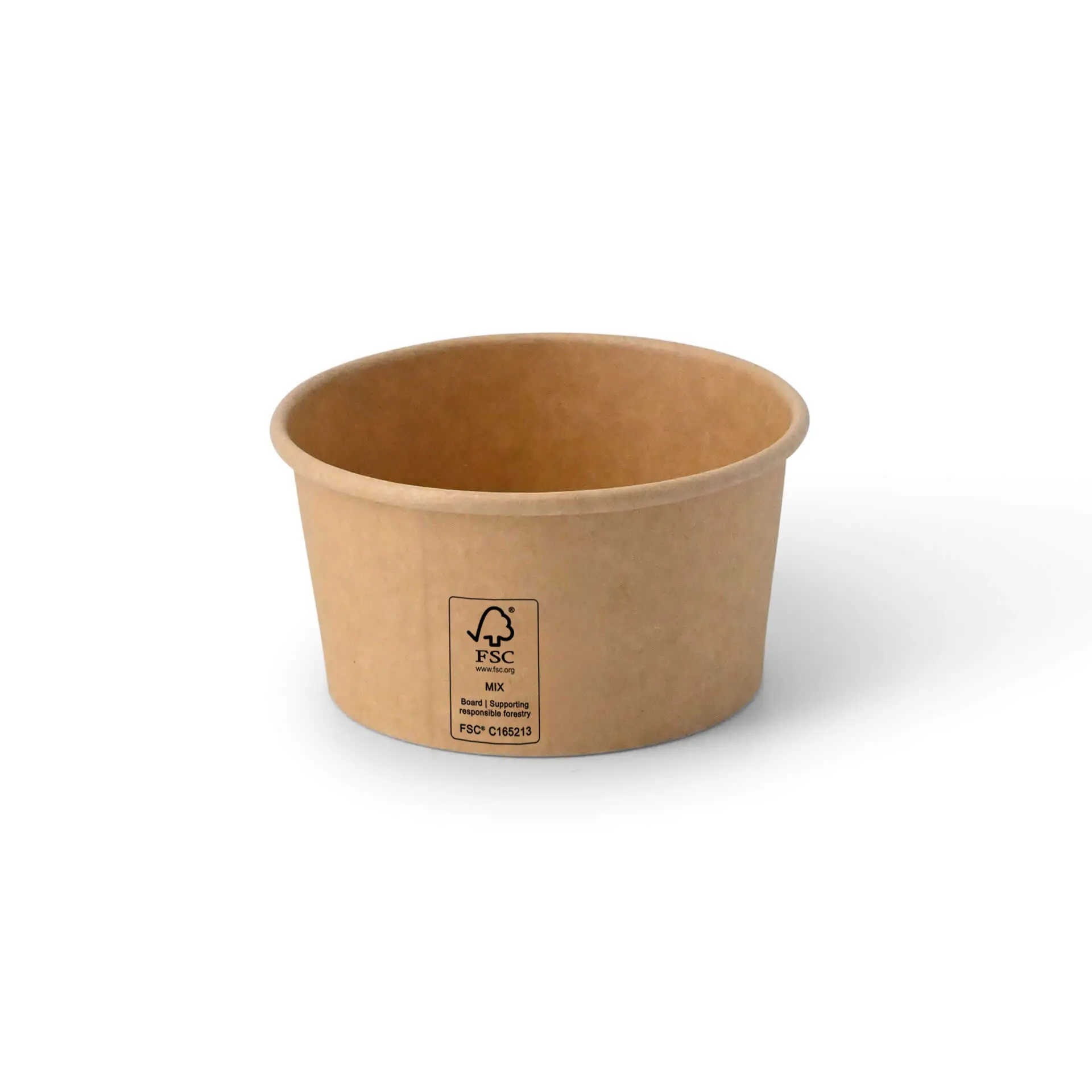One brown paper ice cream cup, 6 oz size with a PE coating, showing a logo and label details at the bottom.