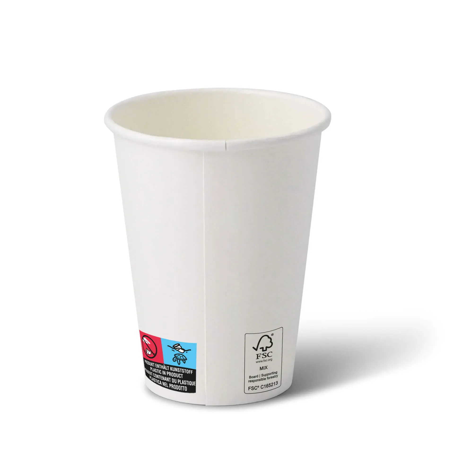 12 oz white paper cup with a PE coating; features a universal design suitable for various beverages.