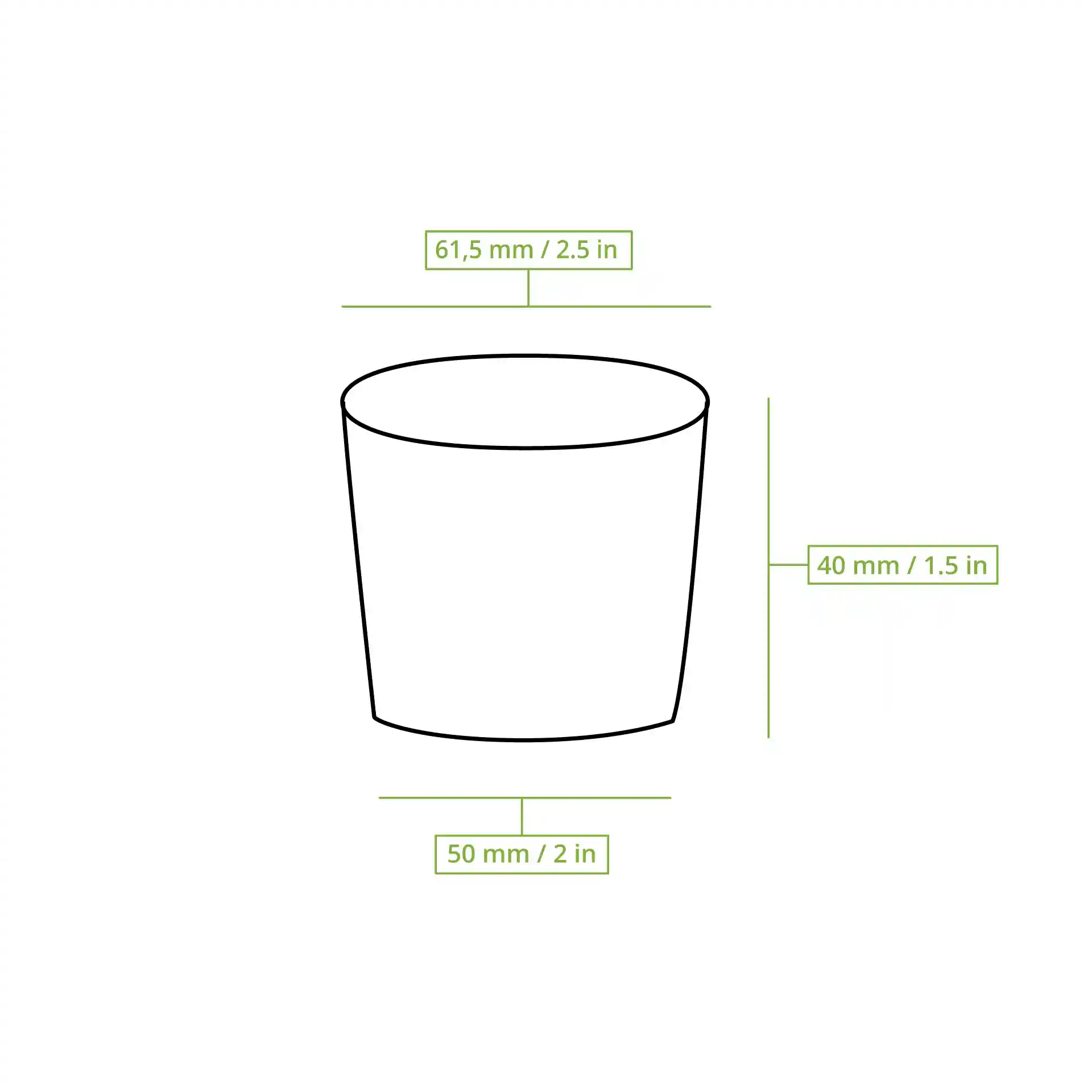 Schematic drawing of a round deli container with dimensions: 62 mm top diameter, 50 mm bottom diameter, and 40 mm height.
