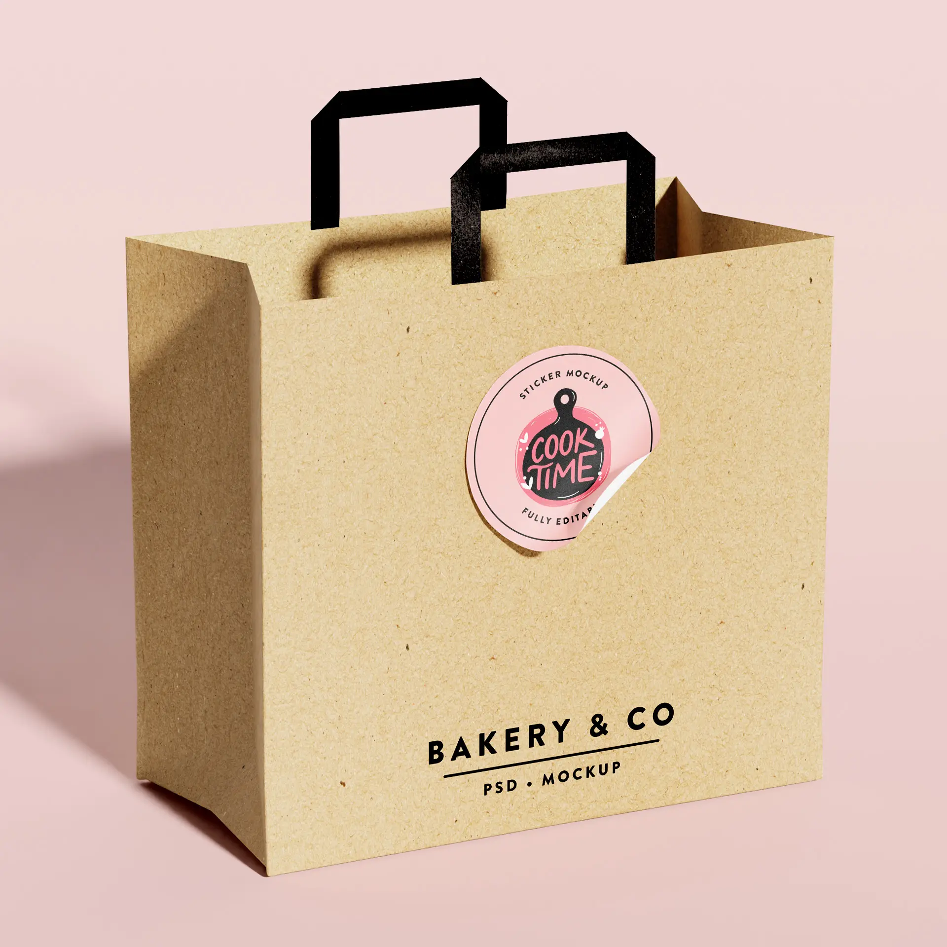 Brown paper bag with black handles and a round pink sticker labeled "Cook Time," featuring the brand name "Bakery & Co." printed below.