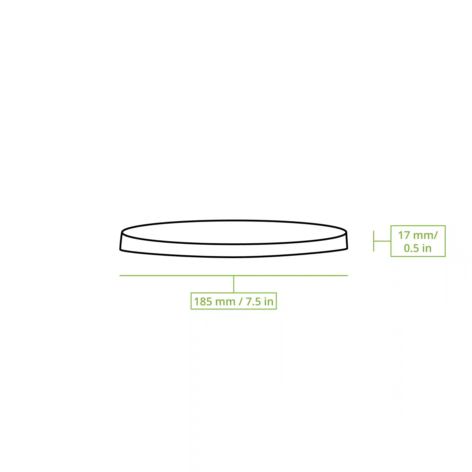 Schematic drawing of a round cardboard lid with dimensions 185 mm diameter and 17 mm height.