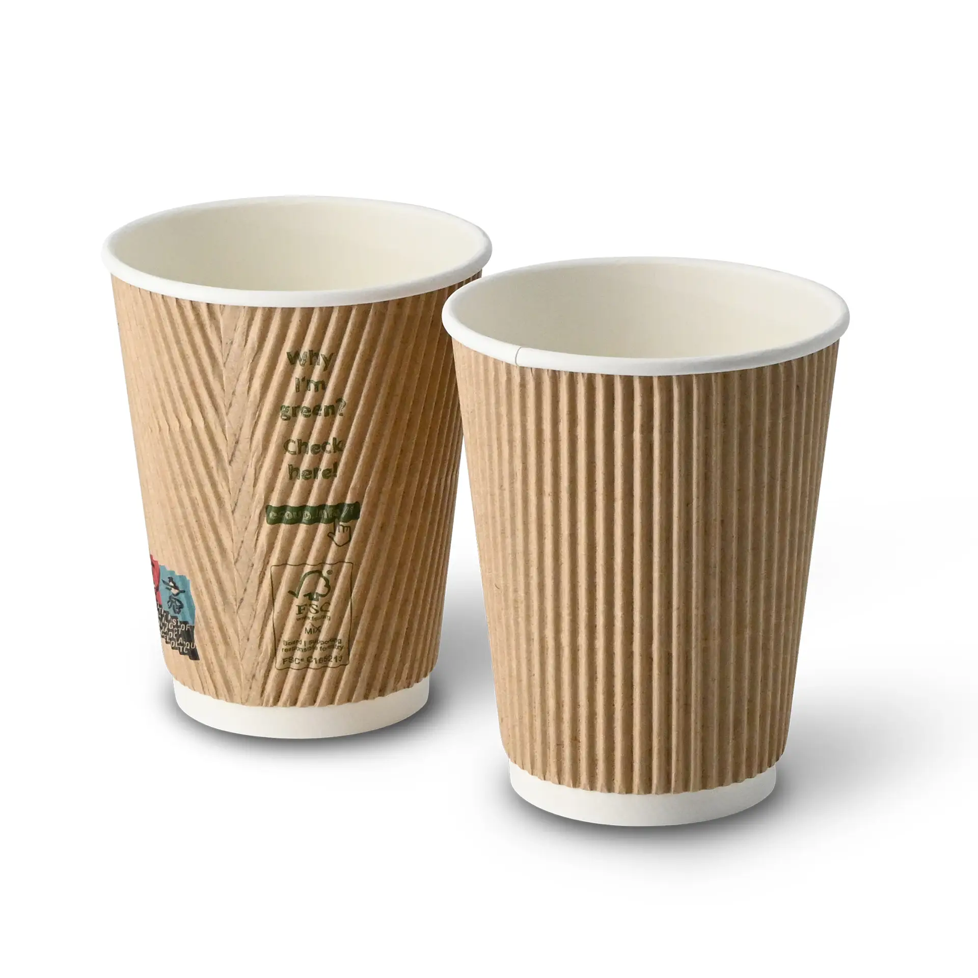 Two 12 oz insulated ripple coffee cups, brown exterior and white interior, suitable for hot drinks, displayed together.