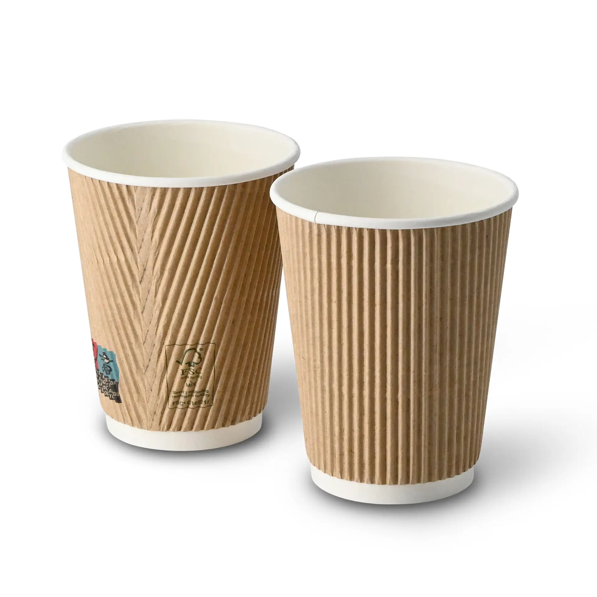 Two 12 oz insulated ripple coffee cups, brown exterior and white interior, suitable for hot drinks, displayed together.
