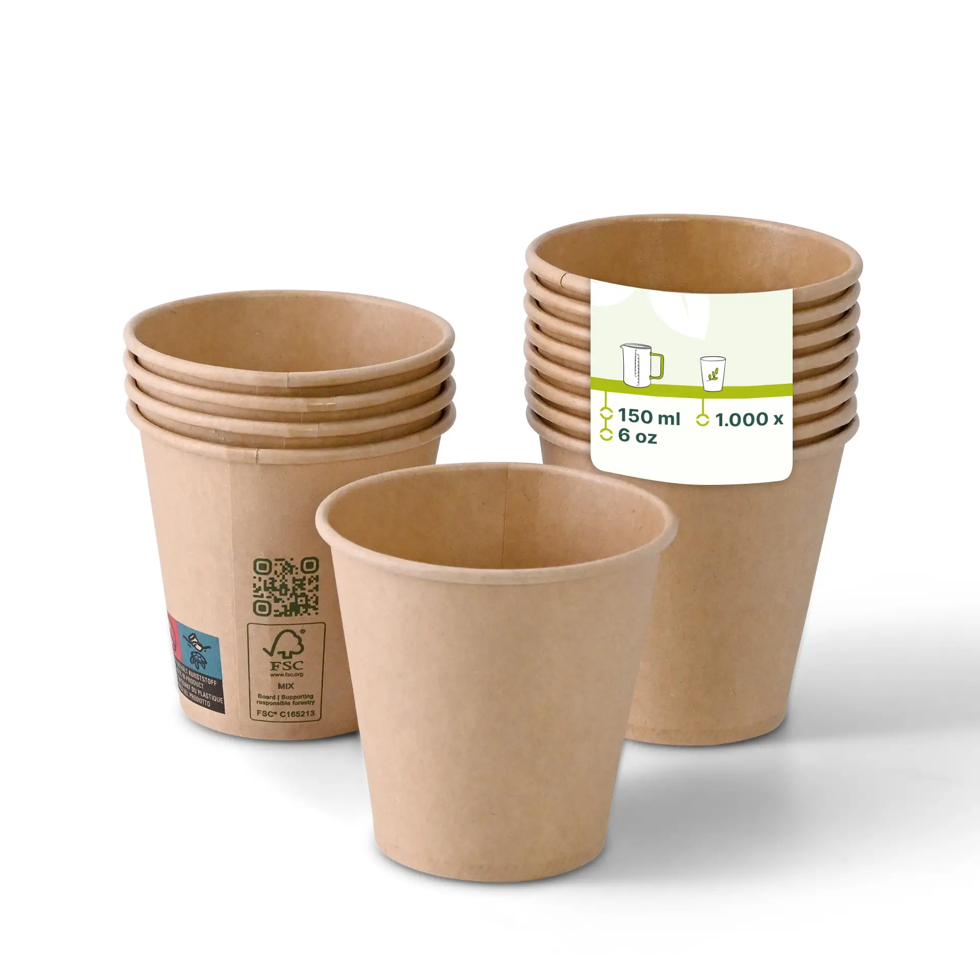 One brown paper cup (150 ml / 6 oz) in focus; several similar cups stacked with reduced opacity behind it.