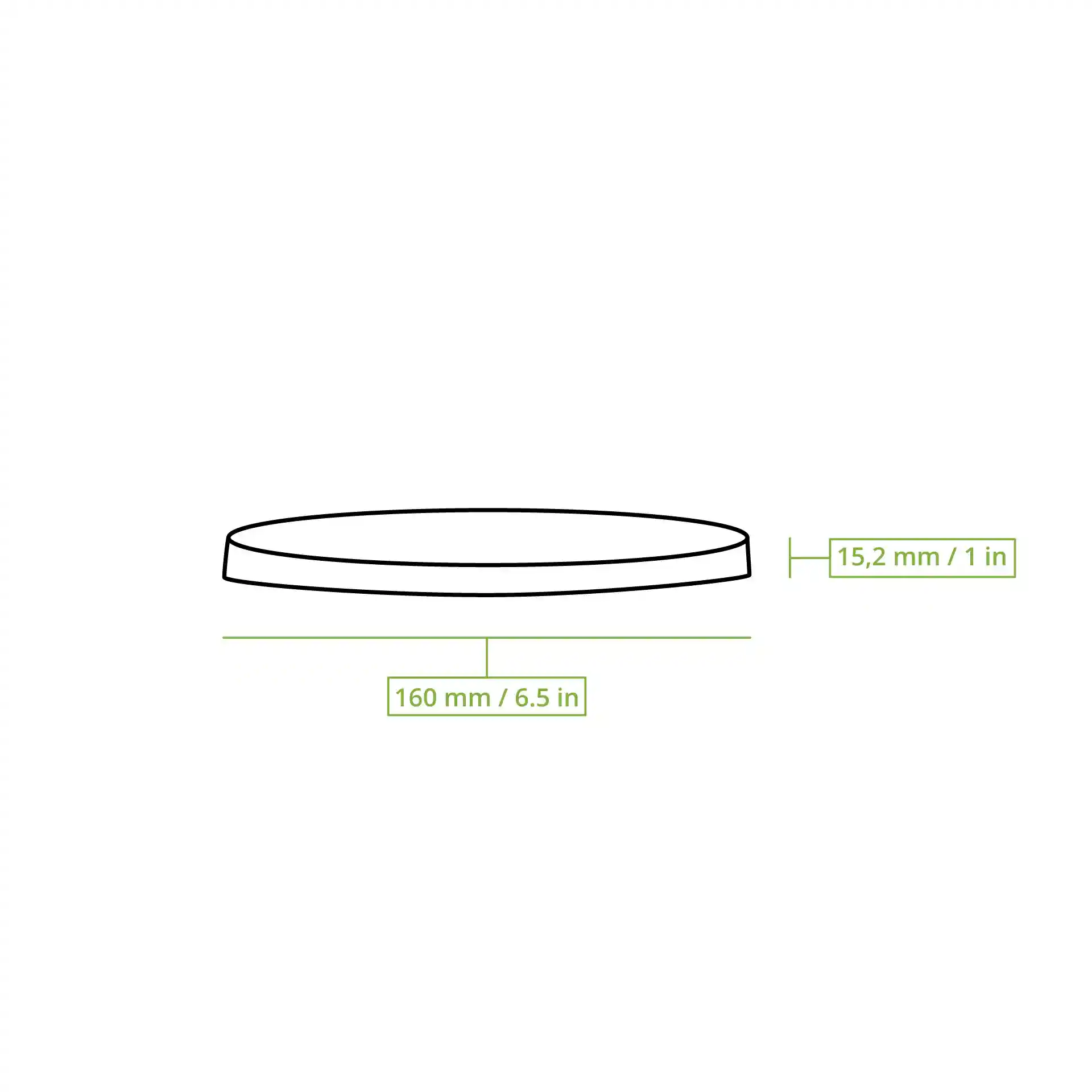 Schematic drawing of a round, transparent lid with dimensions of 160 mm diameter and 15.2 mm height.