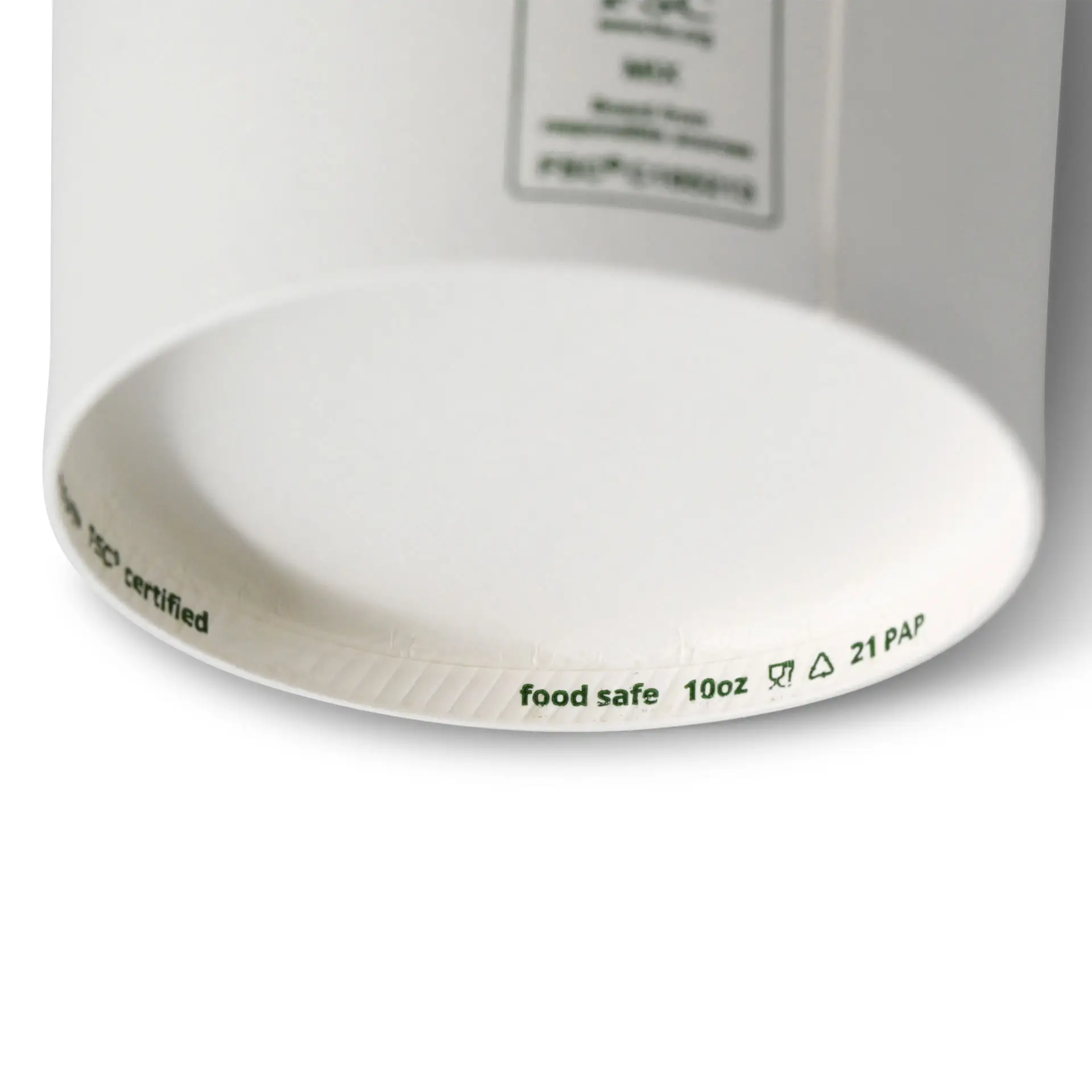 White paper ice cream tub with a diameter of 92 mm, showing markings for food safety and capacity on the bottom.