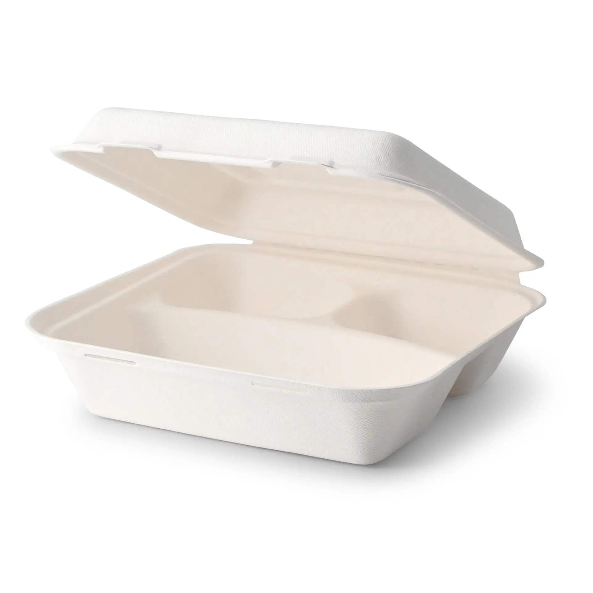Meal container made from sugarcane, 23.5 x 23.5 x 8 cm, 3 compartments, hinged lid, rectangular