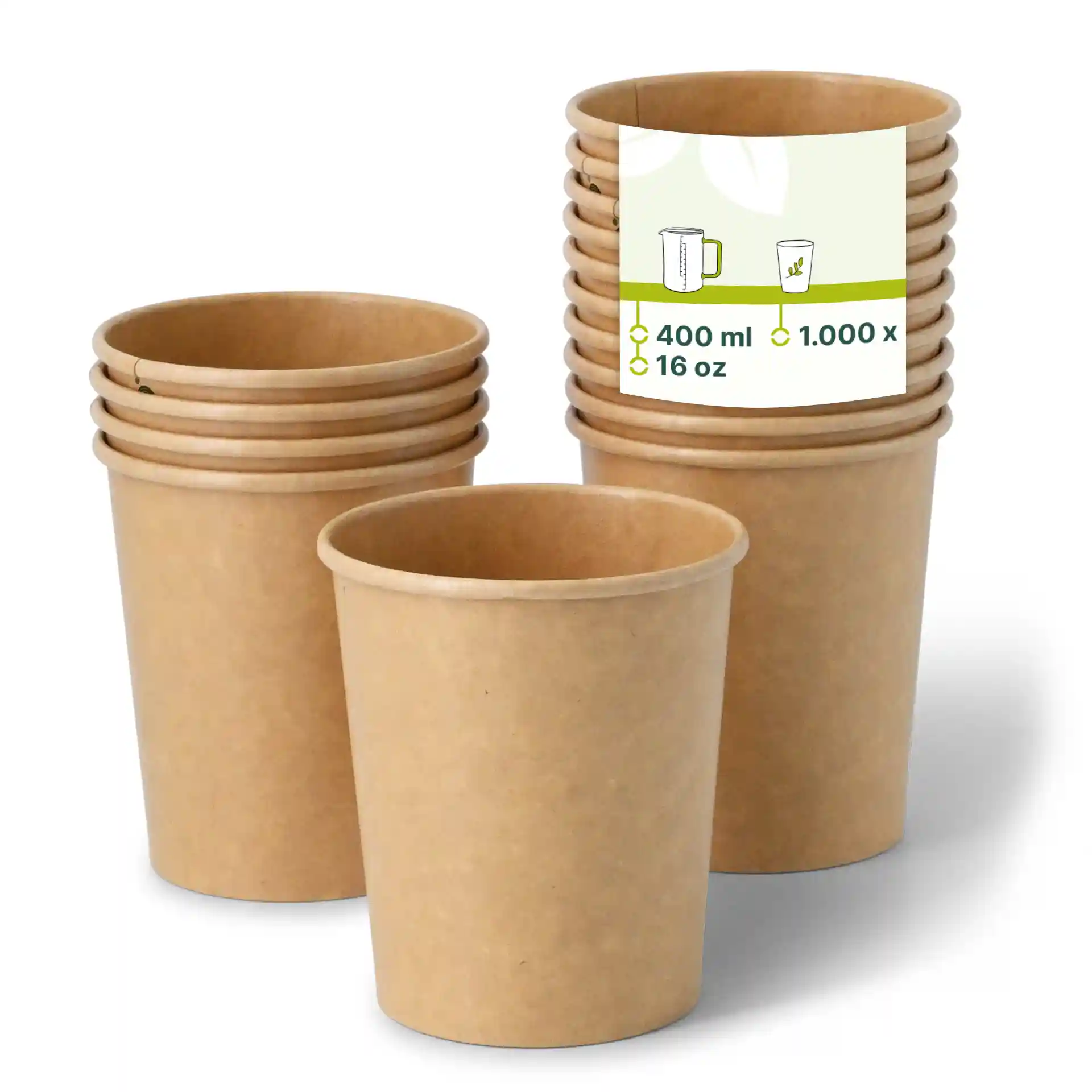 Brown paper ice cream cups in a stack, with one cup in front and a label showing 400 ml and 16 oz capacity.
