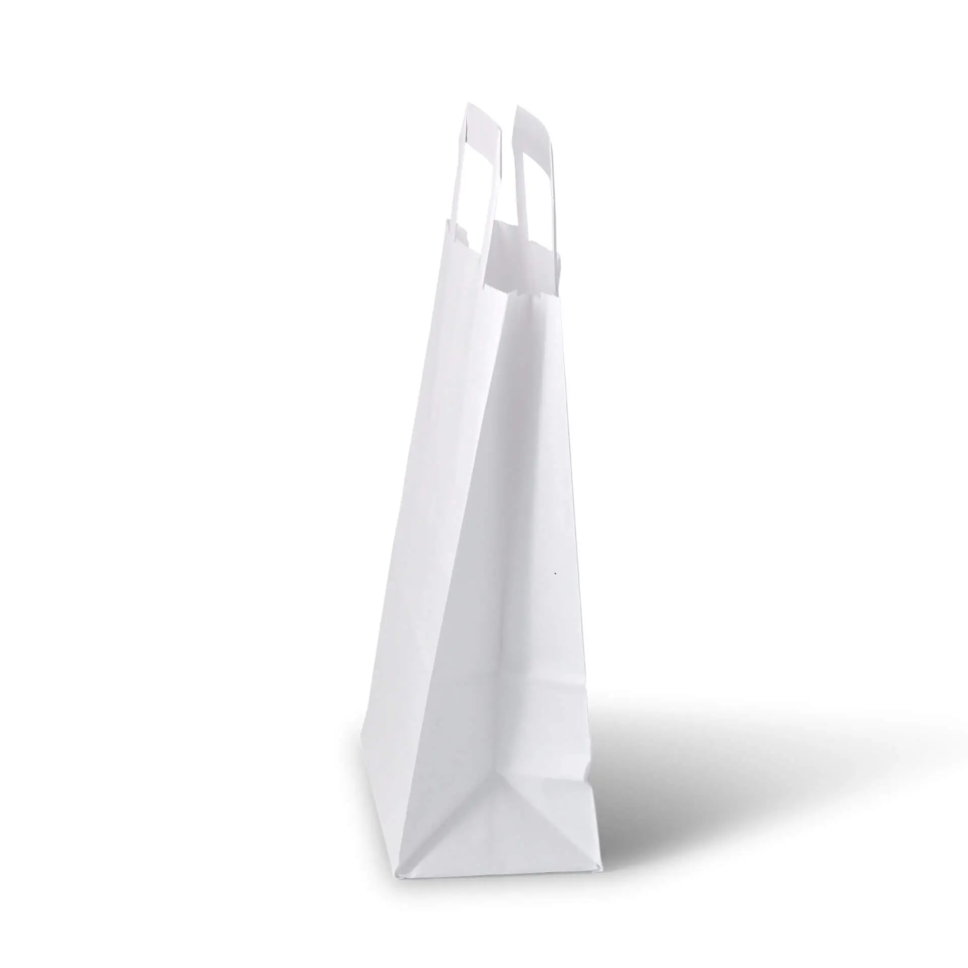 White paper carrier bag with a flat bottom and two handles, suitable for shopping and grocery use.