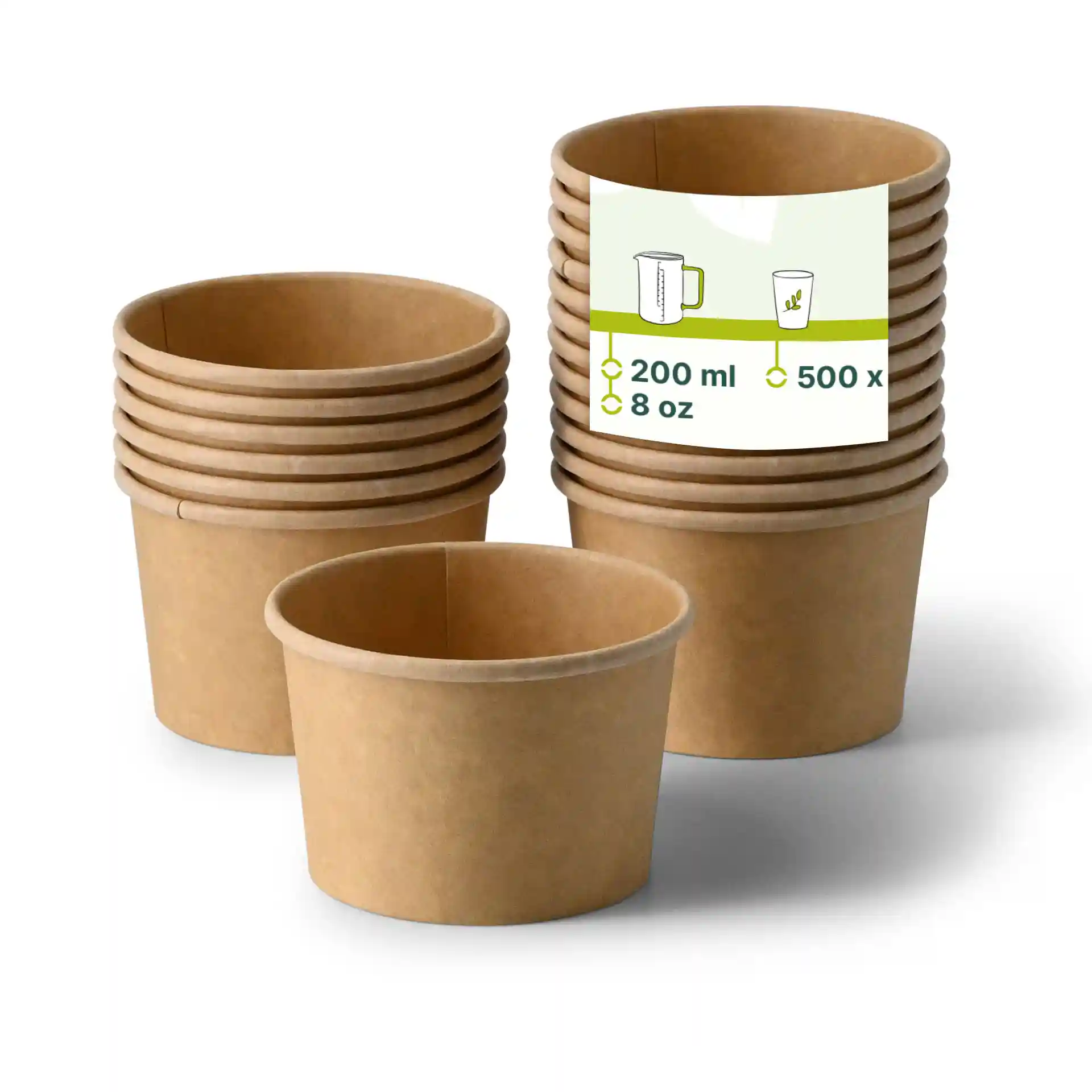 Brown cardboard soup cups stacked with a label showing 200 ml capacity and dimensions, featuring multiple similar cups behind.