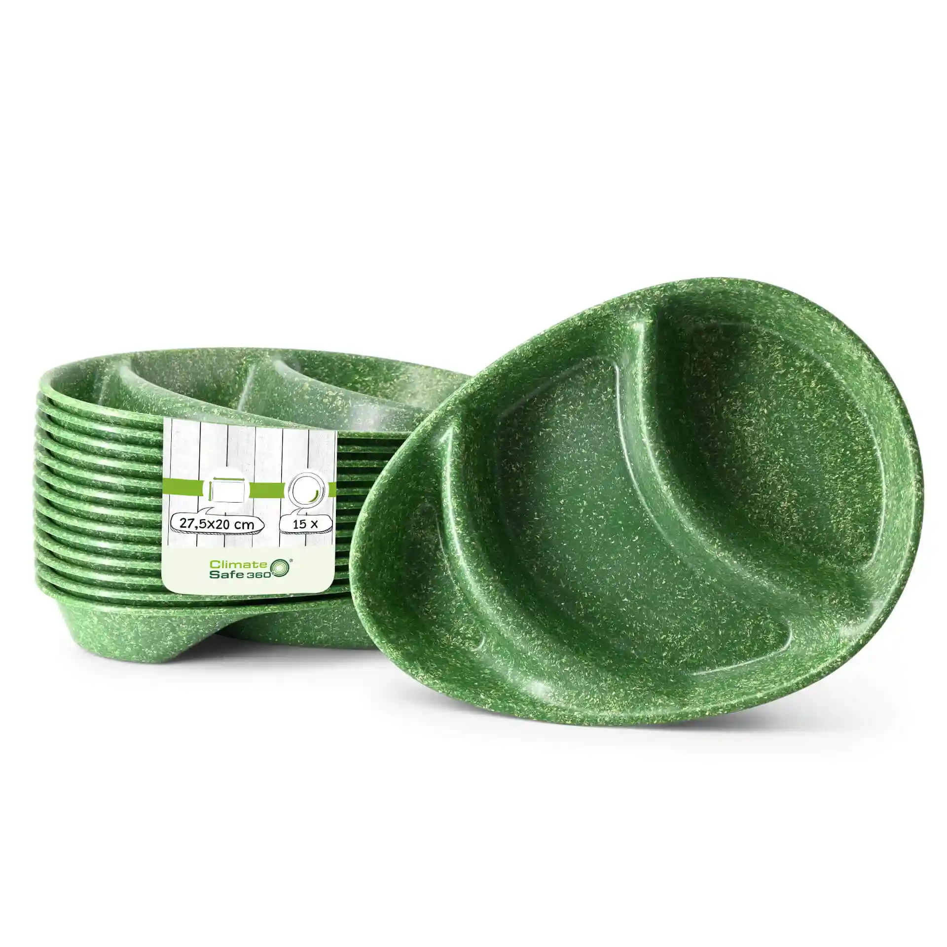 Green reusable menu plate with three compartments, measuring 27.5 x 20 cm, shown with multiple items stacked.